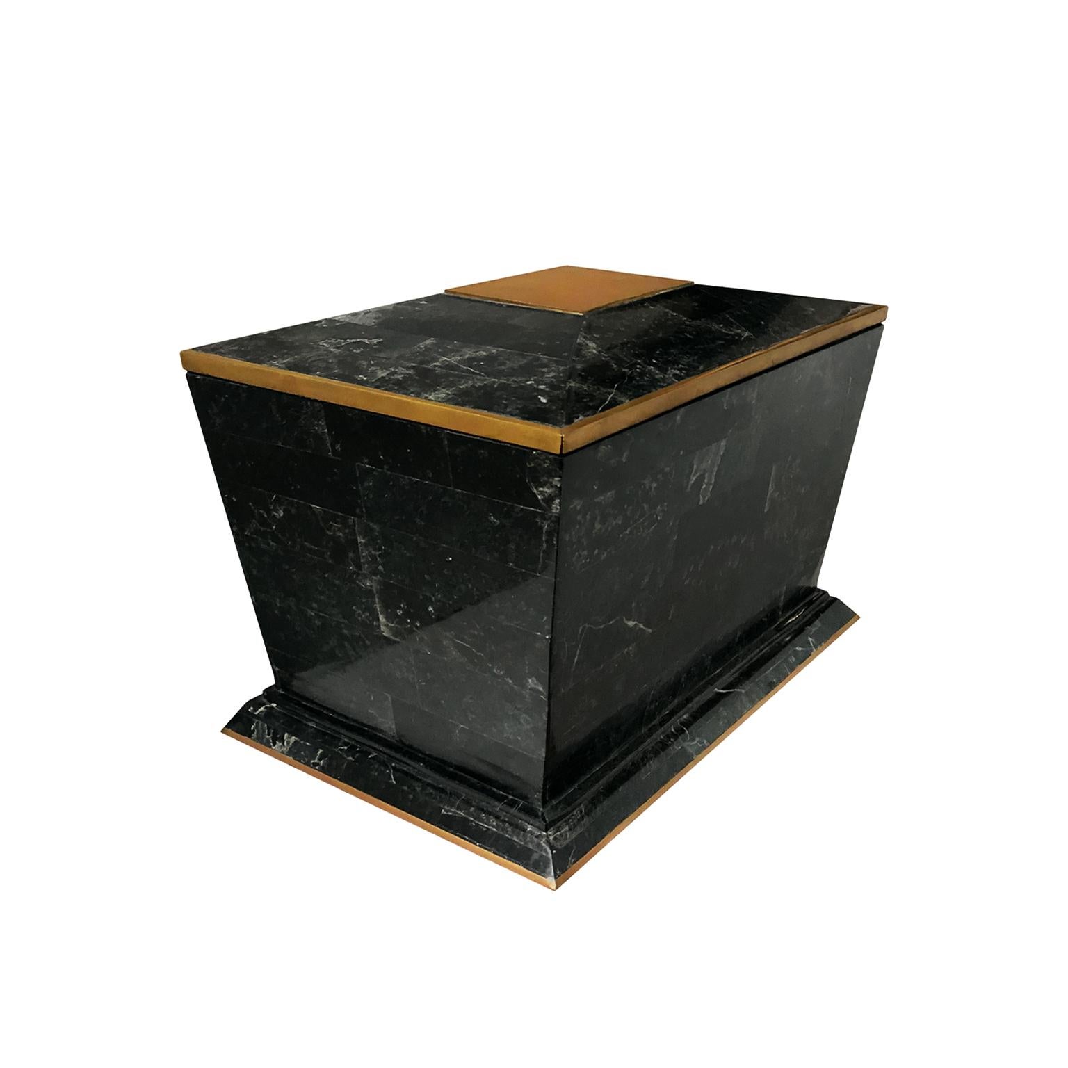 American 1970s Maitland Smith Black Tessellated Stone Box with Brass Trim For Sale