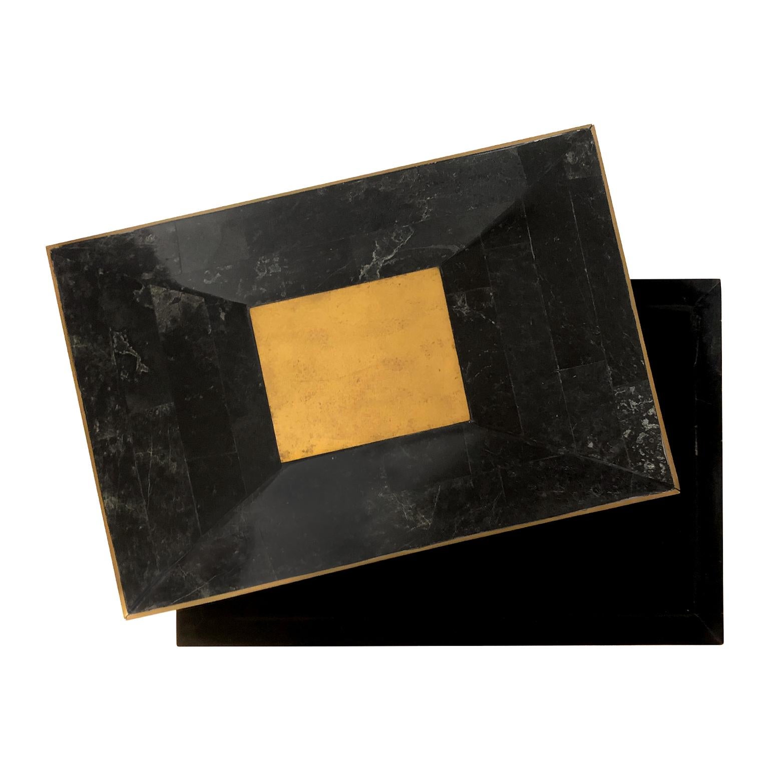Late 20th Century 1970s Maitland Smith Black Tessellated Stone Box with Brass Trim For Sale