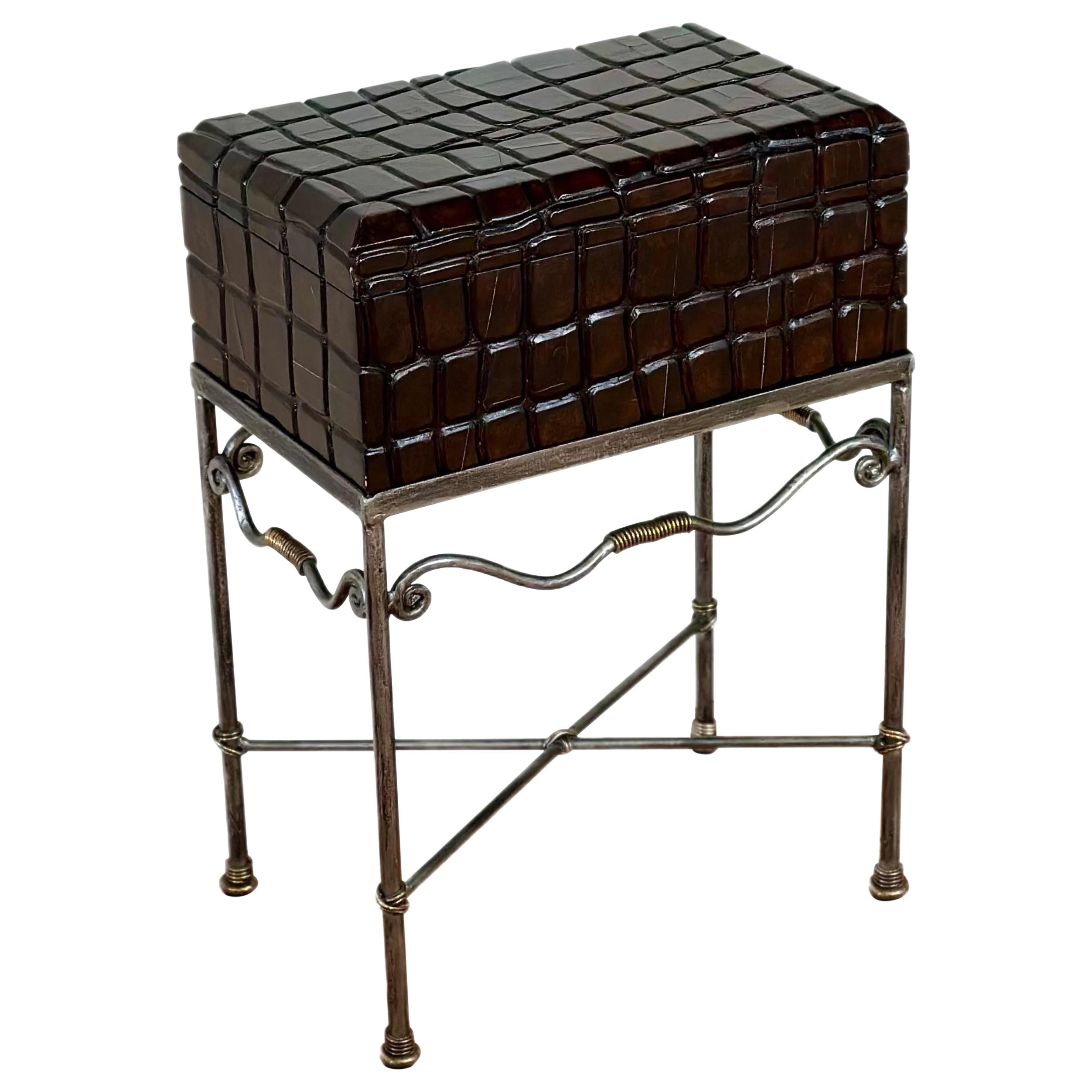 1970s Maitland Smith Faceted Brown Rectangular Turtle Box on Metal Stand For Sale