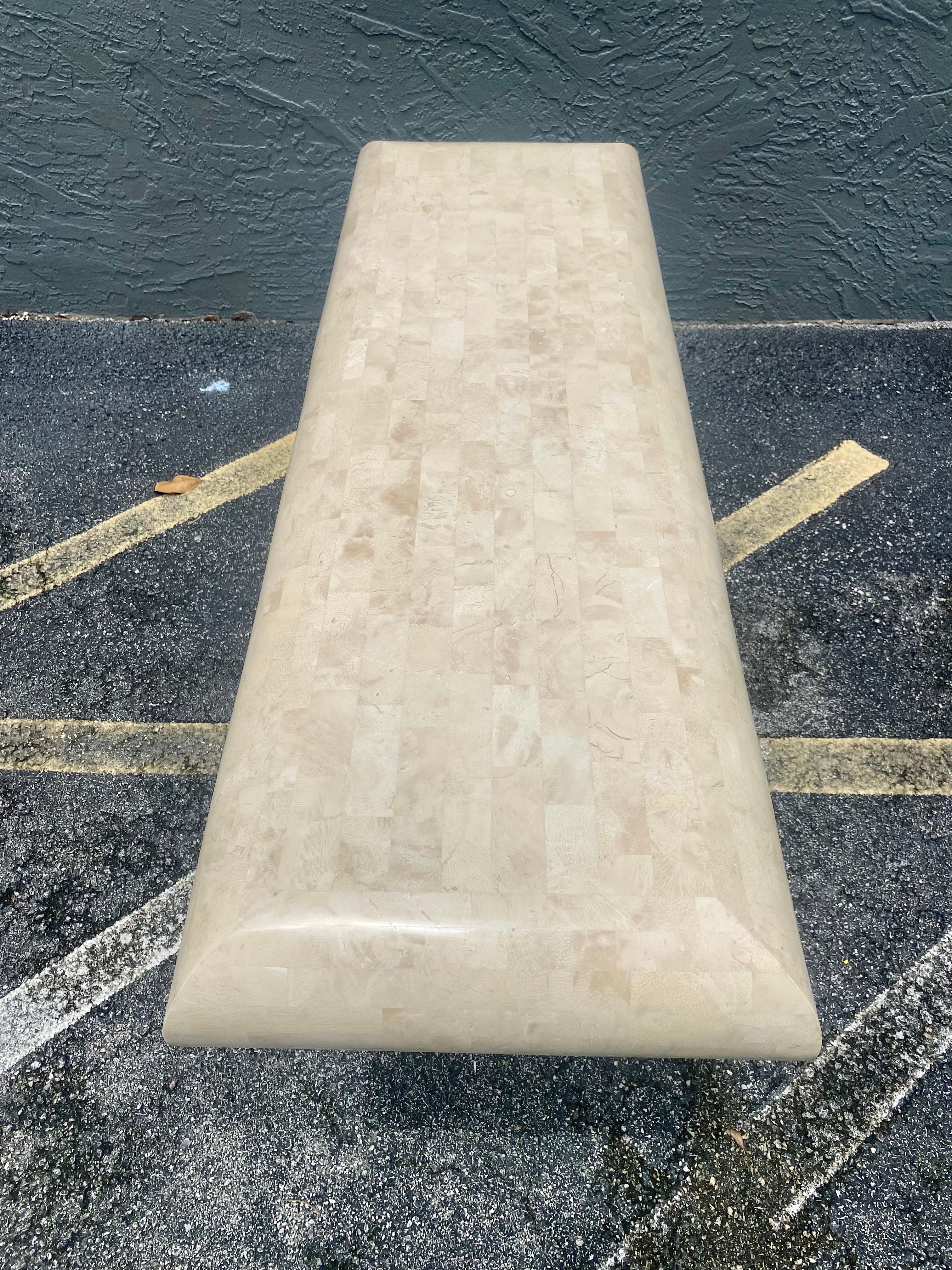 1970s tessellated Travertine Stone Console Pedestal Table by Maitland Smith For Sale 3