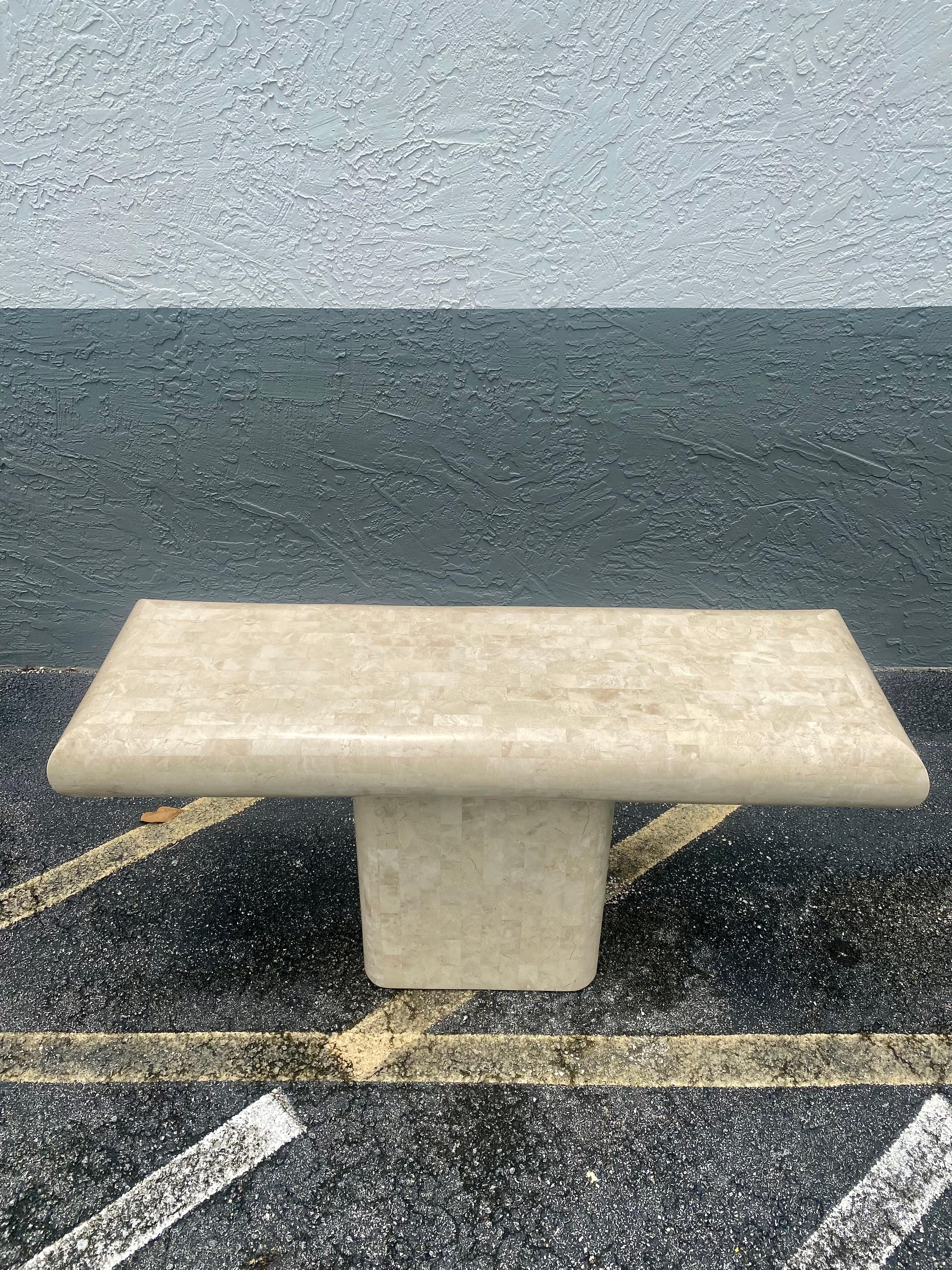 Philippine 1970s tessellated Travertine Stone Console Pedestal Table by Maitland Smith For Sale
