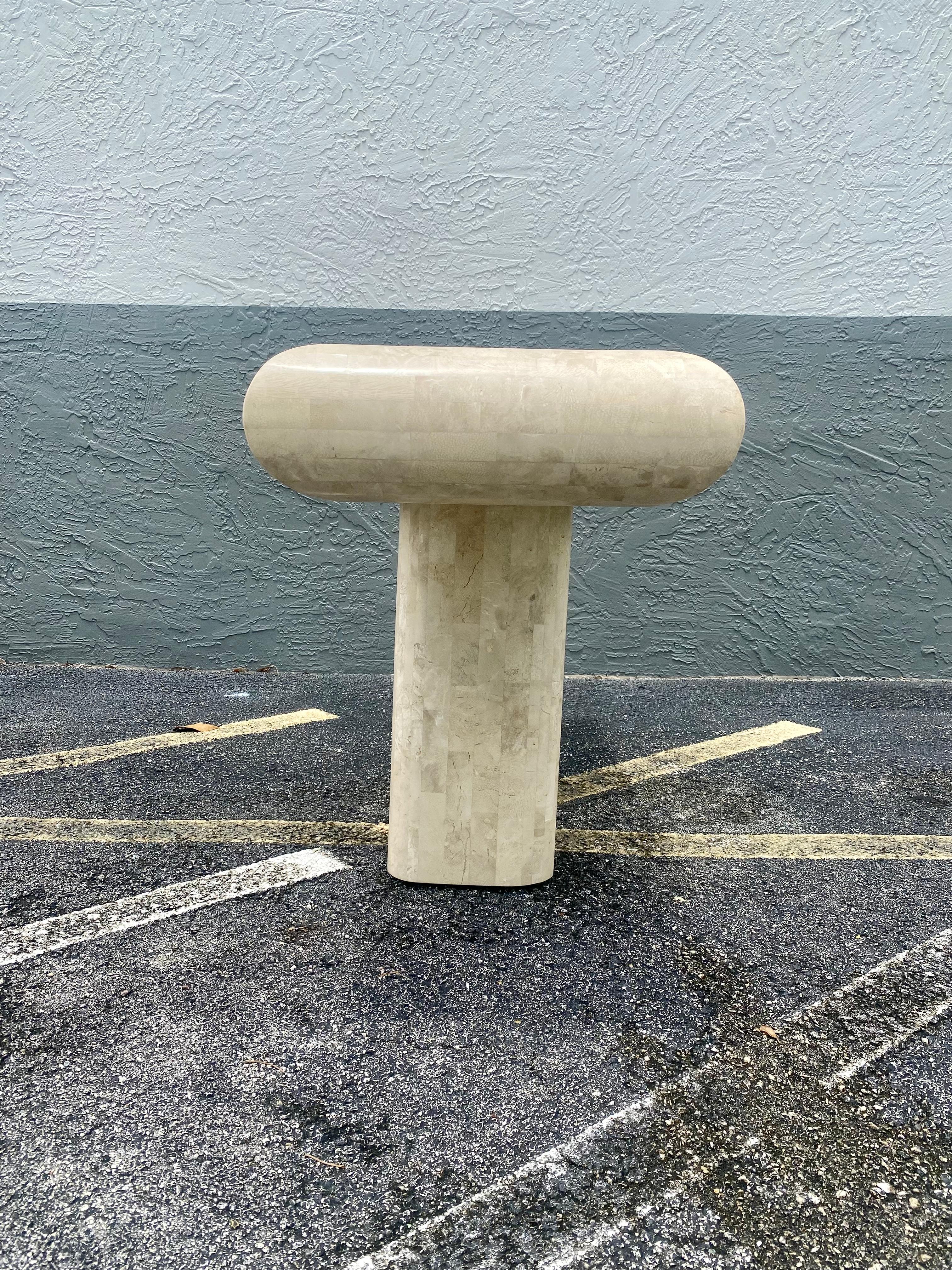 Wood 1970s tessellated Travertine Stone Console Pedestal Table by Maitland Smith For Sale
