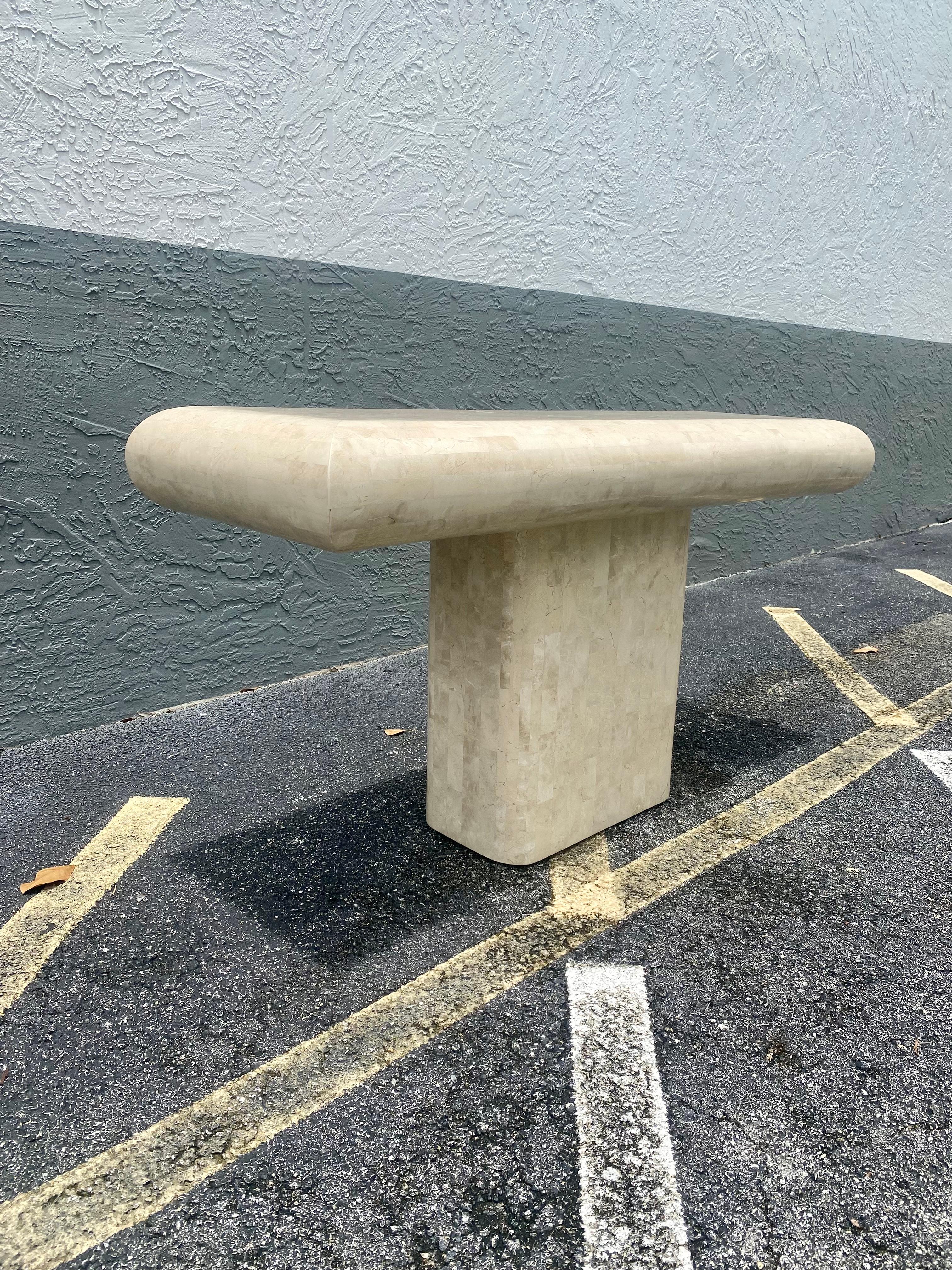 1970s tessellated Travertine Stone Console Pedestal Table by Maitland Smith For Sale 1