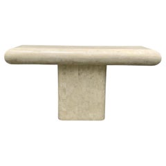 Vintage 1970s tessellated Travertine Stone Console Pedestal Table by Maitland Smith