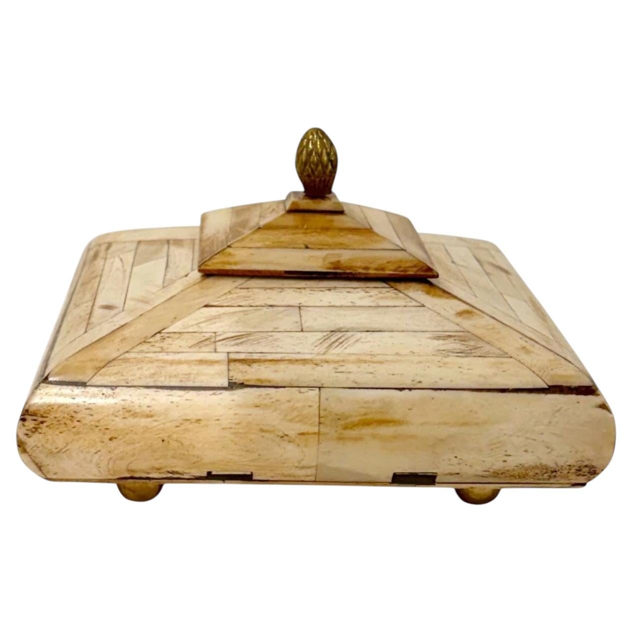 1970s Maitland Smith Style Bone Inlaid Box with Brass Finial For Sale