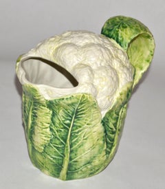 1970s Majolica Green White Cauliflower Ceramic Pitcher Italy Mark Lord & Taylor