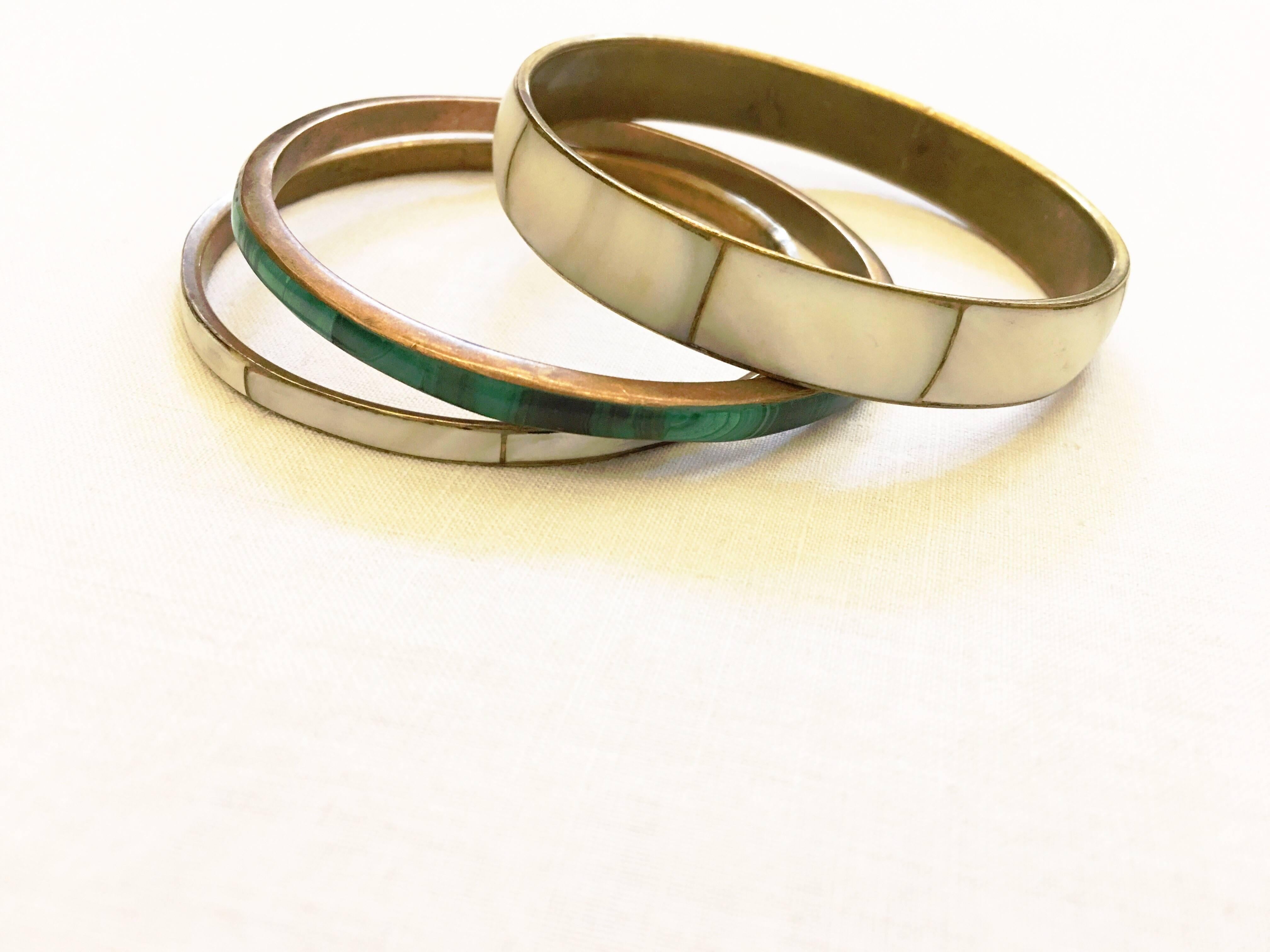 Women's or Men's Malachite and Abalone Brass Bangles Set, 1970s  For Sale