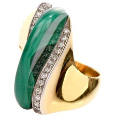 1970s Malachite Diamond Abstract 18 Karat Yellow Gold Ring