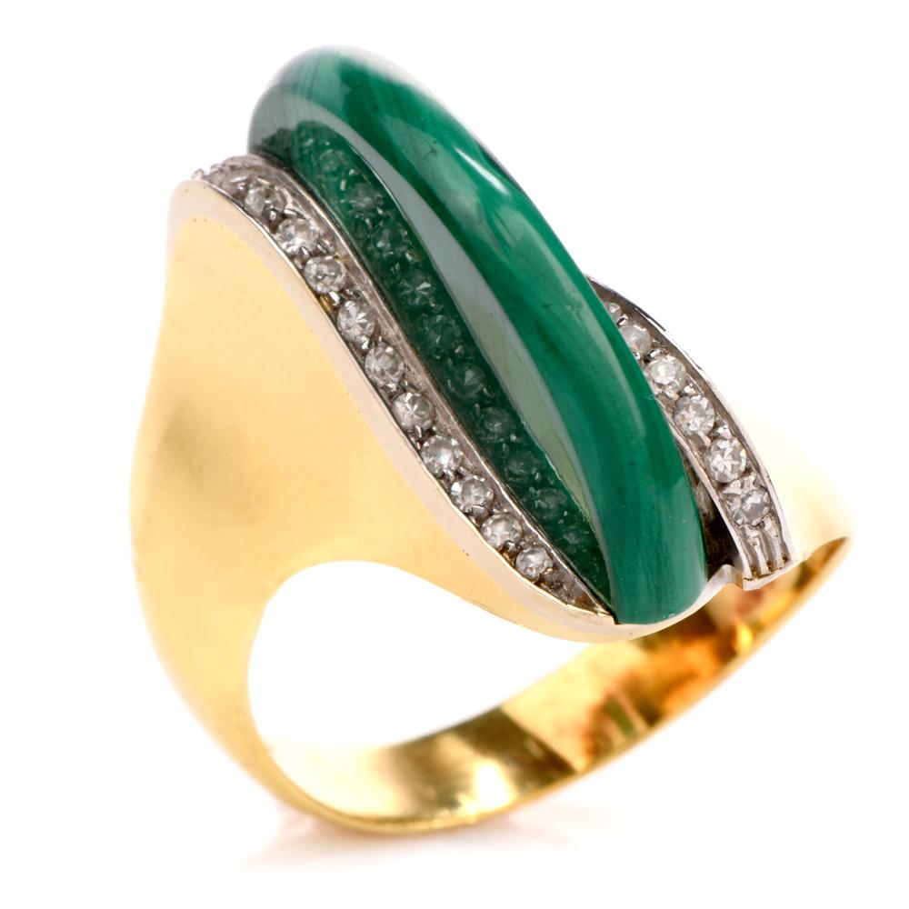 Women's 1970s Malachite Diamond Abstract 18 Karat Yellow Gold Ring