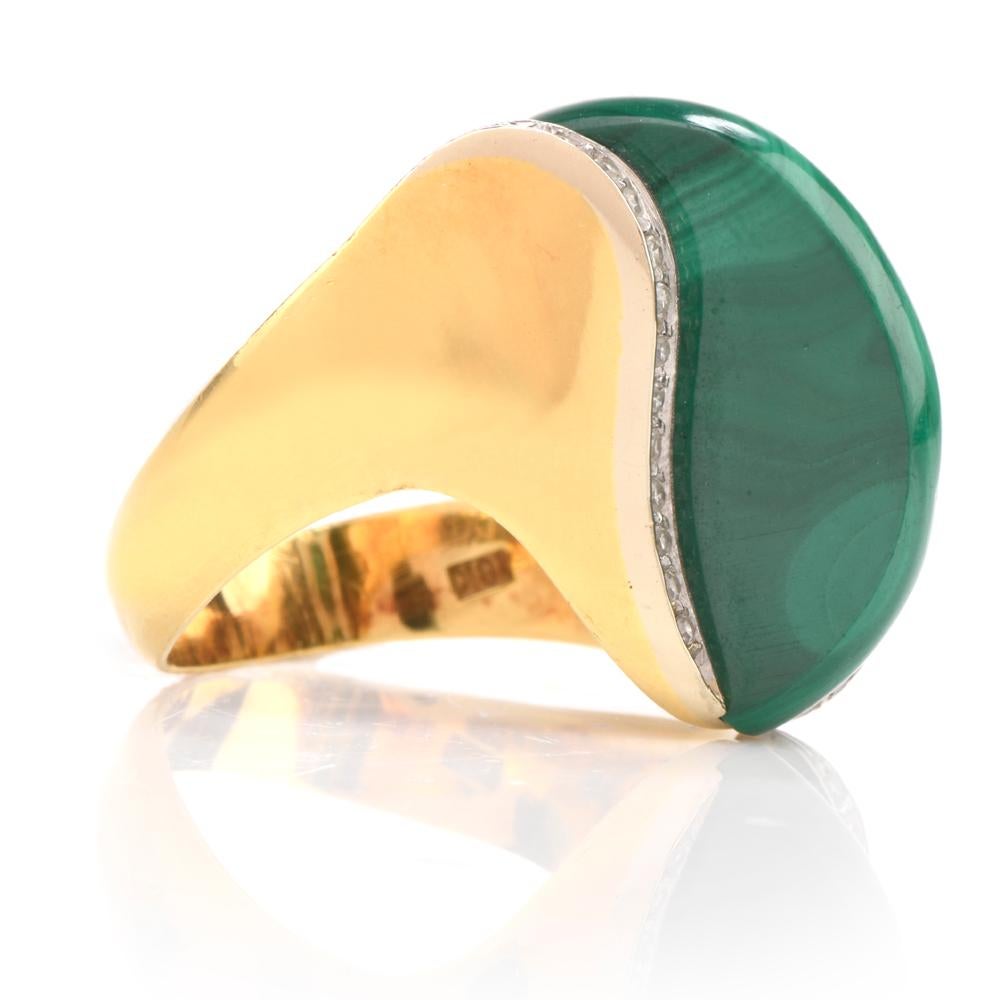 1970s Malachite Diamond Abstract 18 Karat Yellow Gold Ring 2