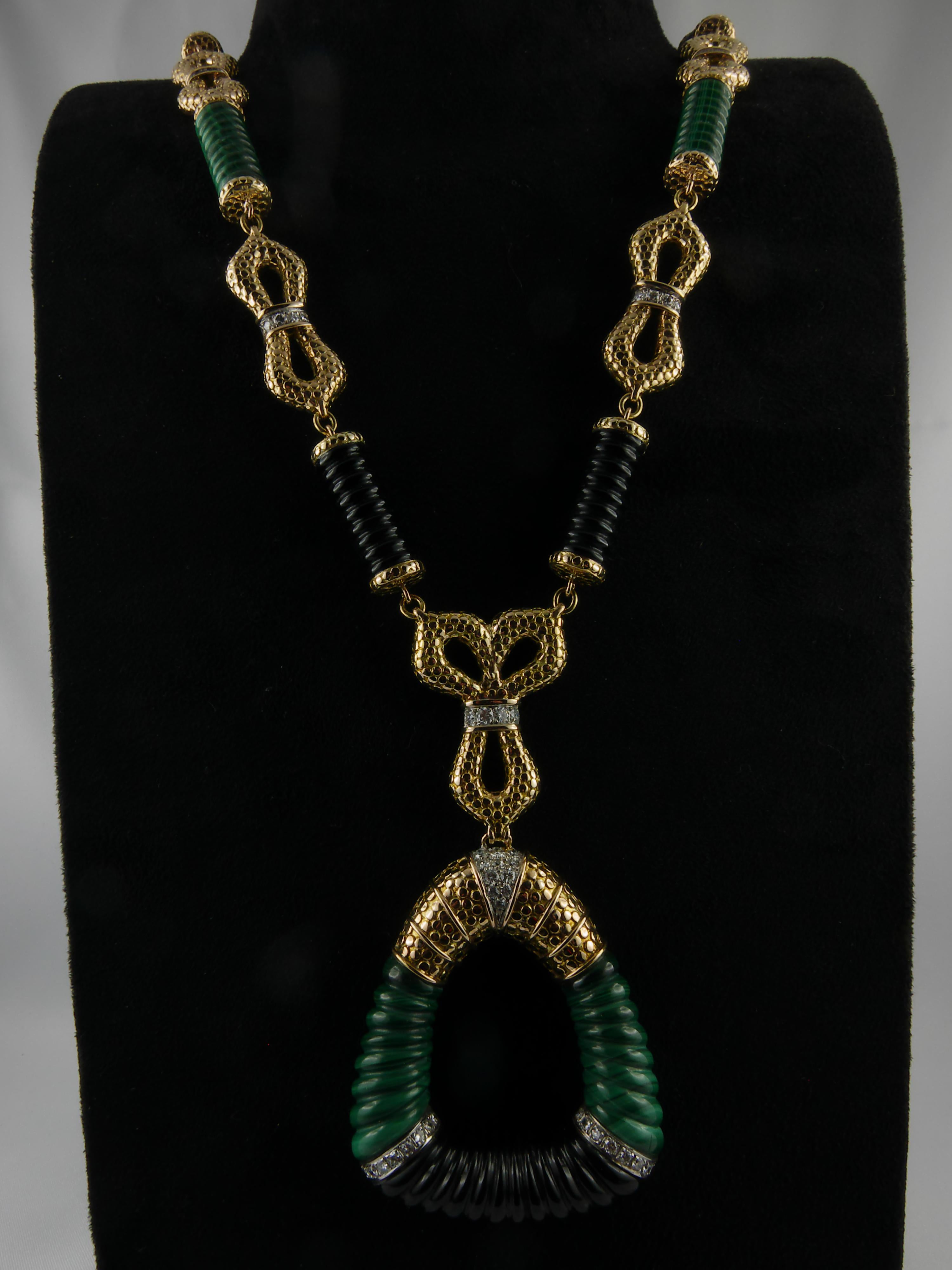 Brilliant Cut 1970s Malachite Onyx Gold Diamond Necklace