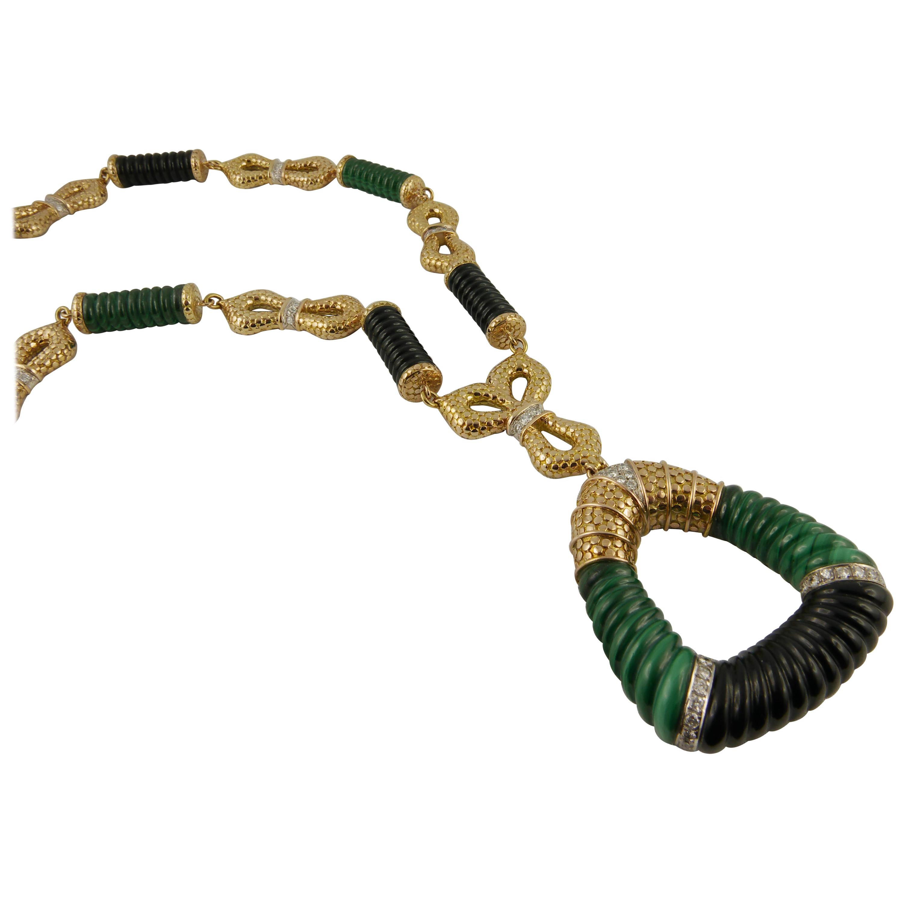 1970s Malachite Onyx Gold Diamond Necklace