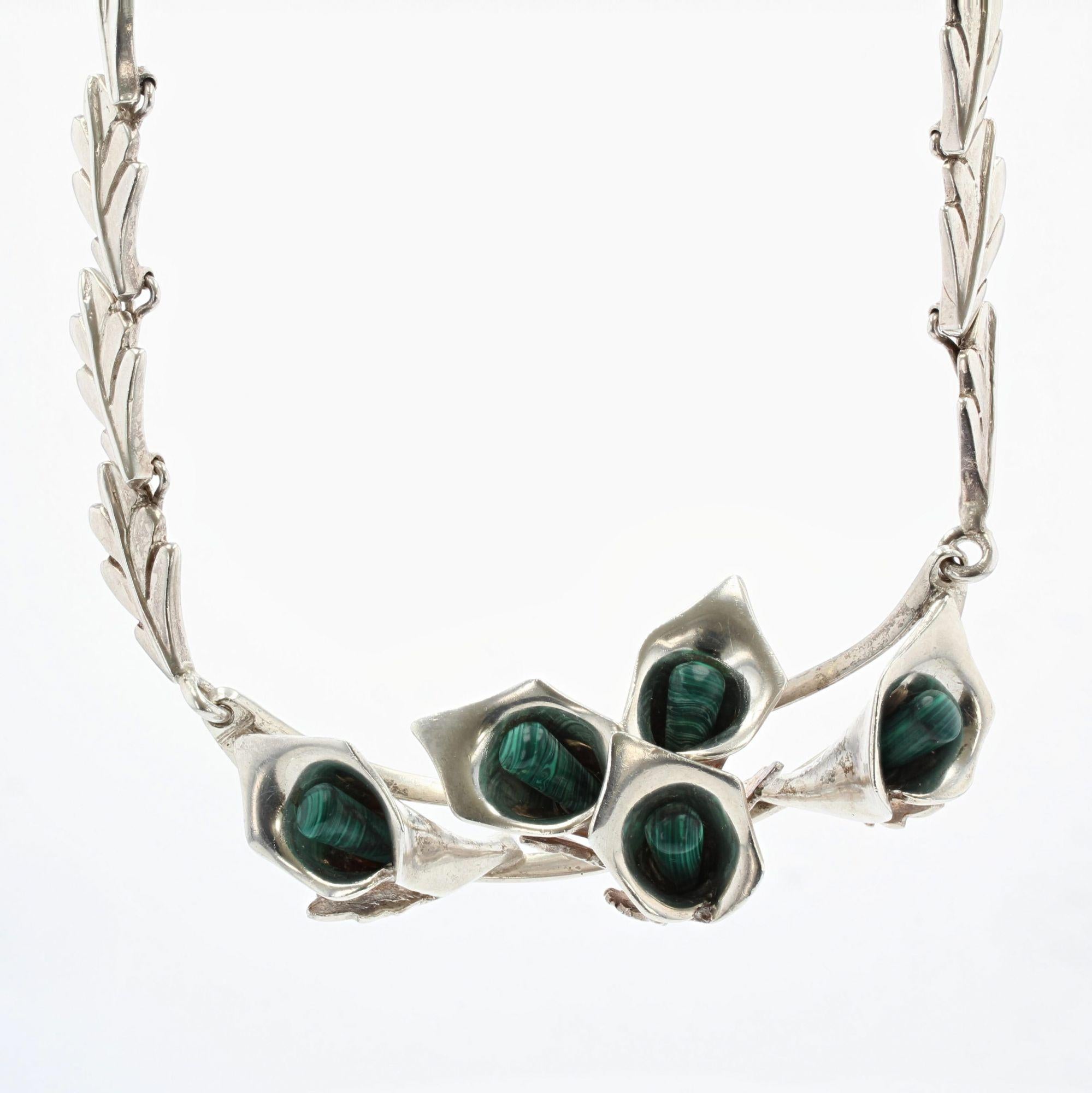 Retro 1970s Malachite Sterling Silver Necklace Earrings Set For Sale
