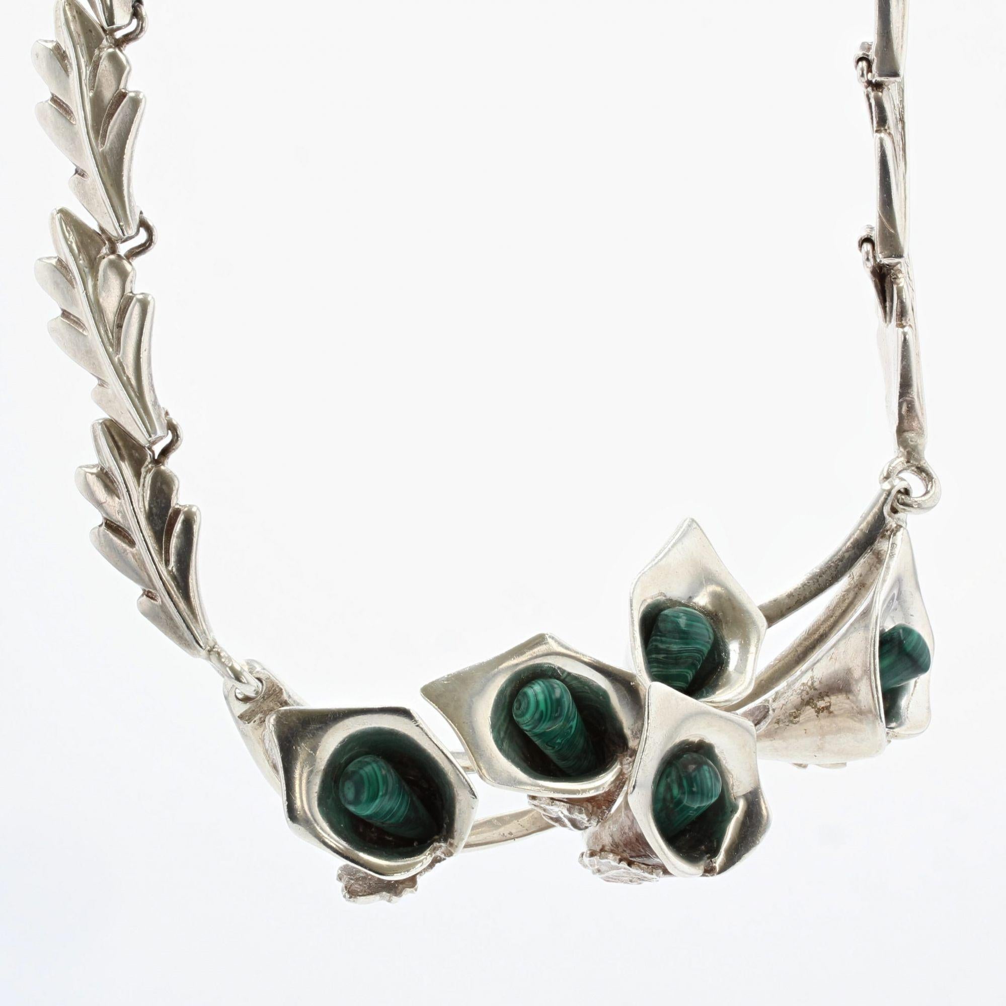 Baguette Cut 1970s Malachite Sterling Silver Necklace Earrings Set For Sale