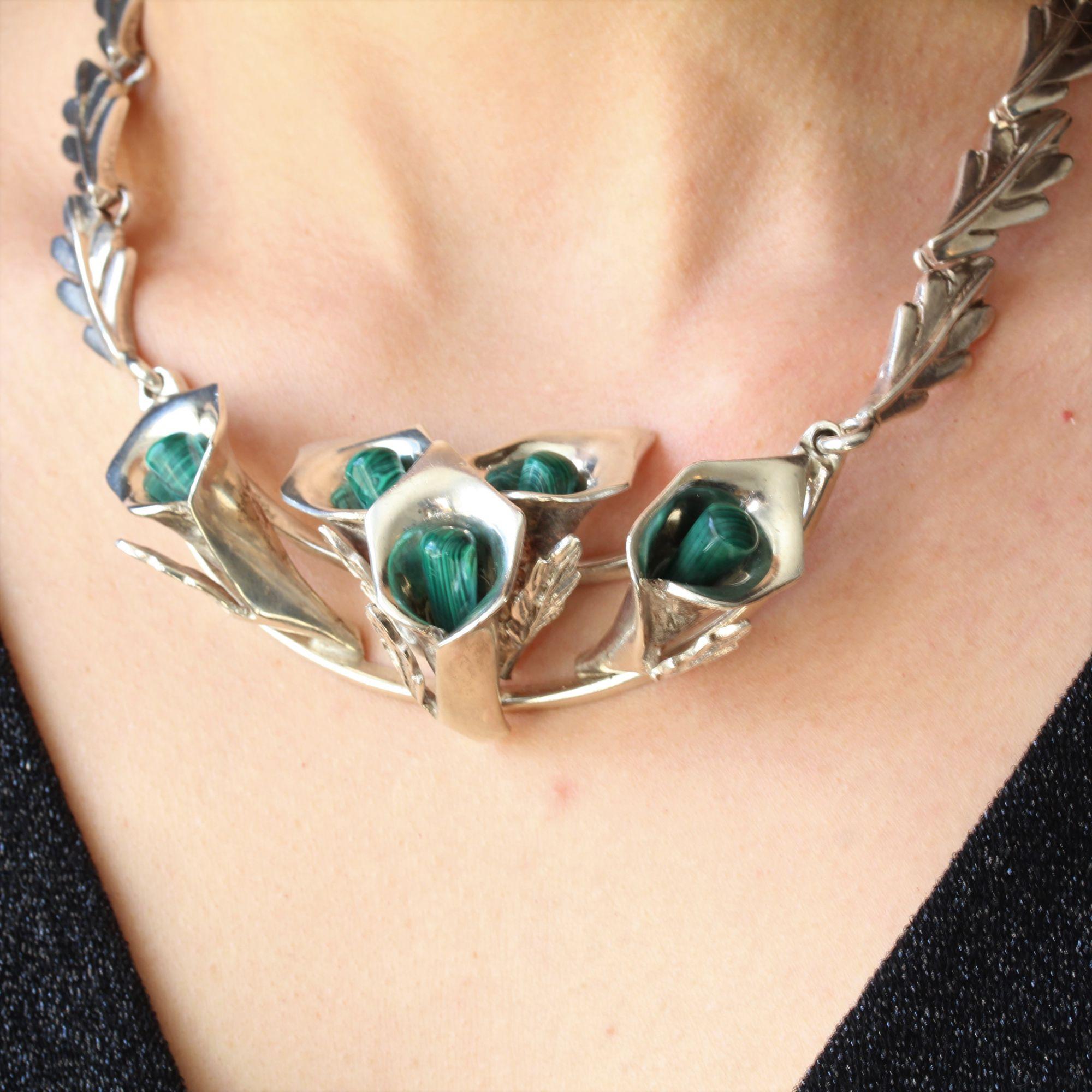 1970s Malachite Sterling Silver Necklace Earrings Set In Good Condition For Sale In Poitiers, FR