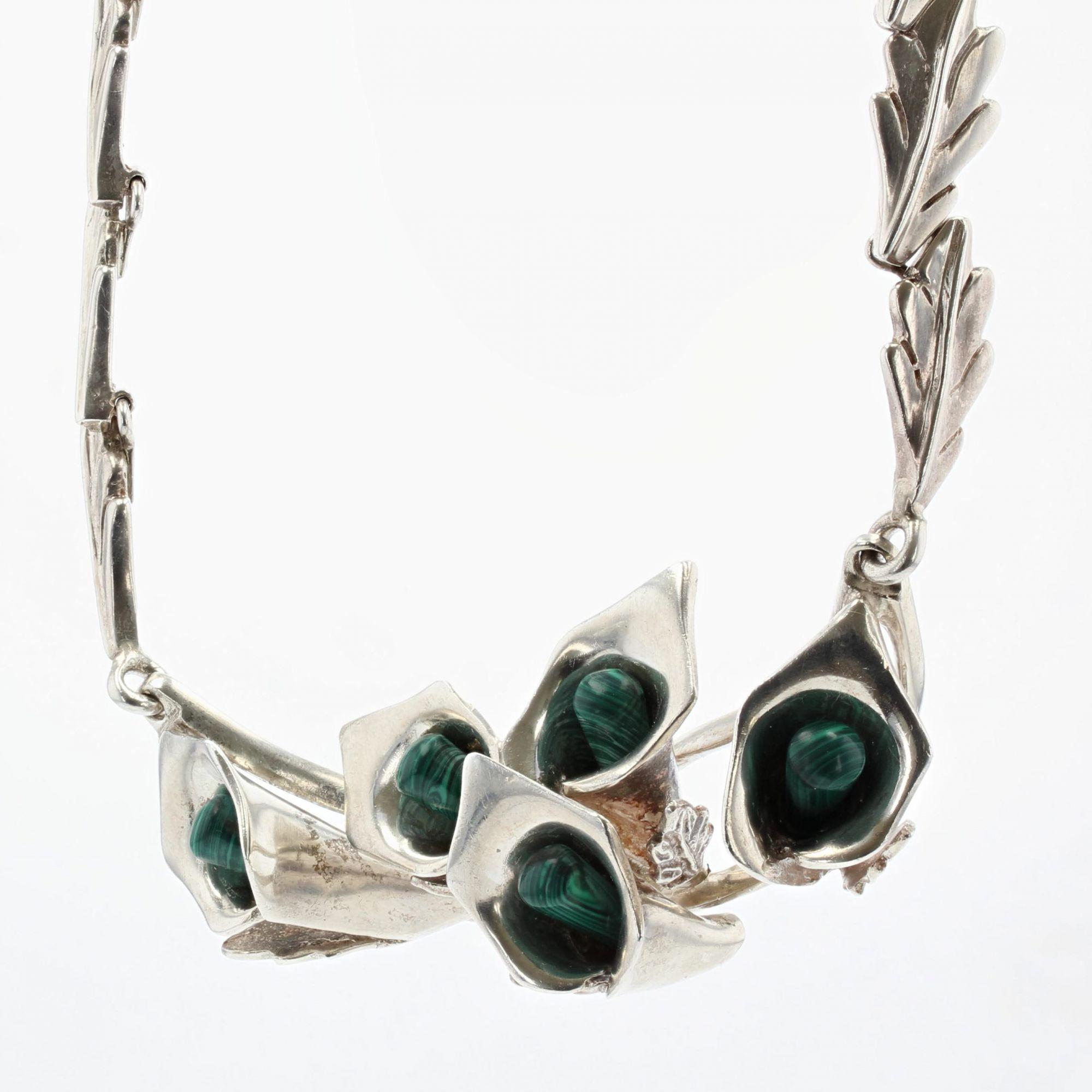 Set aus Halskette und Ohrringen, Malachit, Sterlingsilber, 1970er Jahre Damen im Angebot