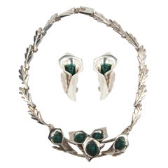 1970s Malachite Sterling Silver Necklace Earrings Set