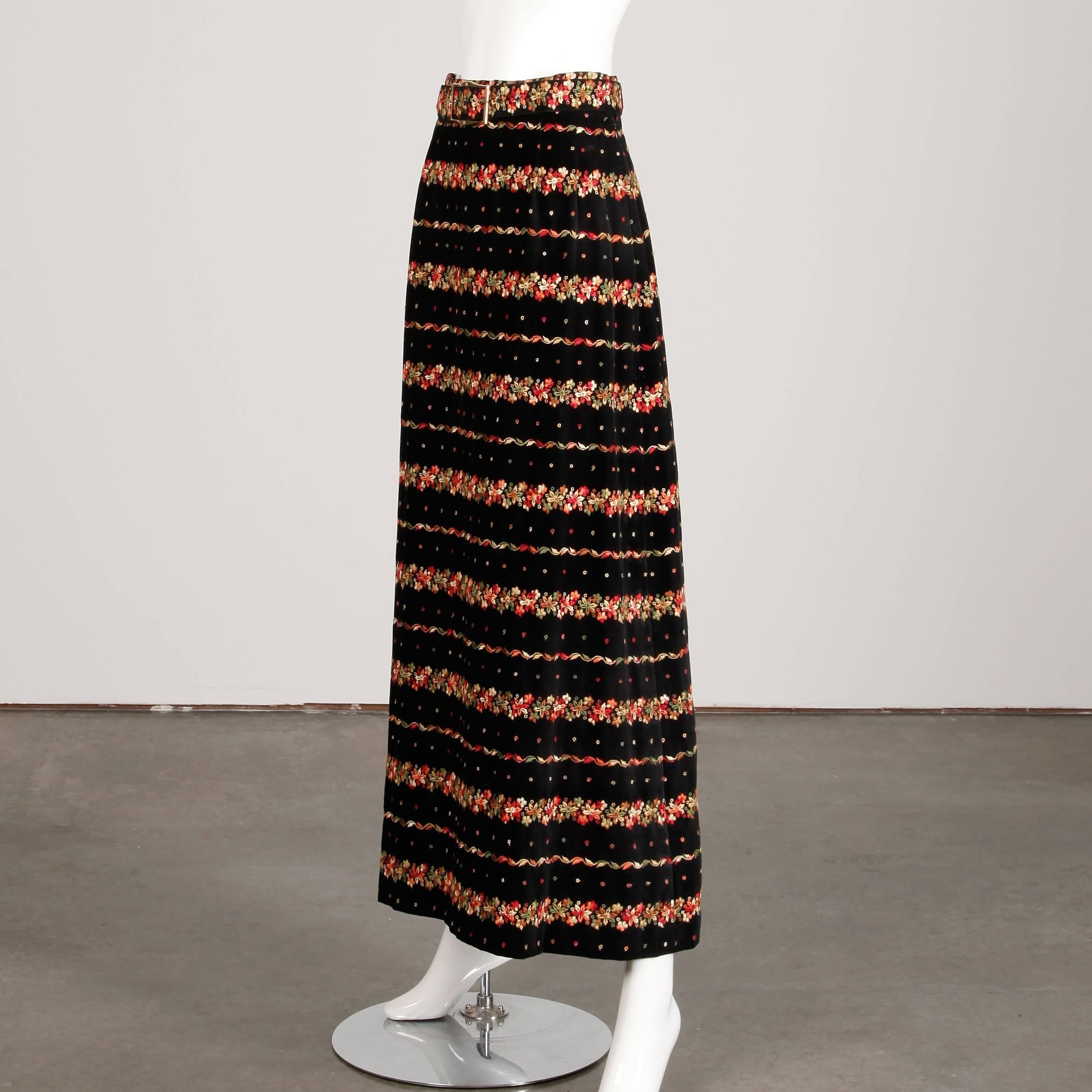 1970s Malbe Vintage Black Velvet Long Maxi Skirt with Floral Embroidery + Belt In Excellent Condition In Sparks, NV