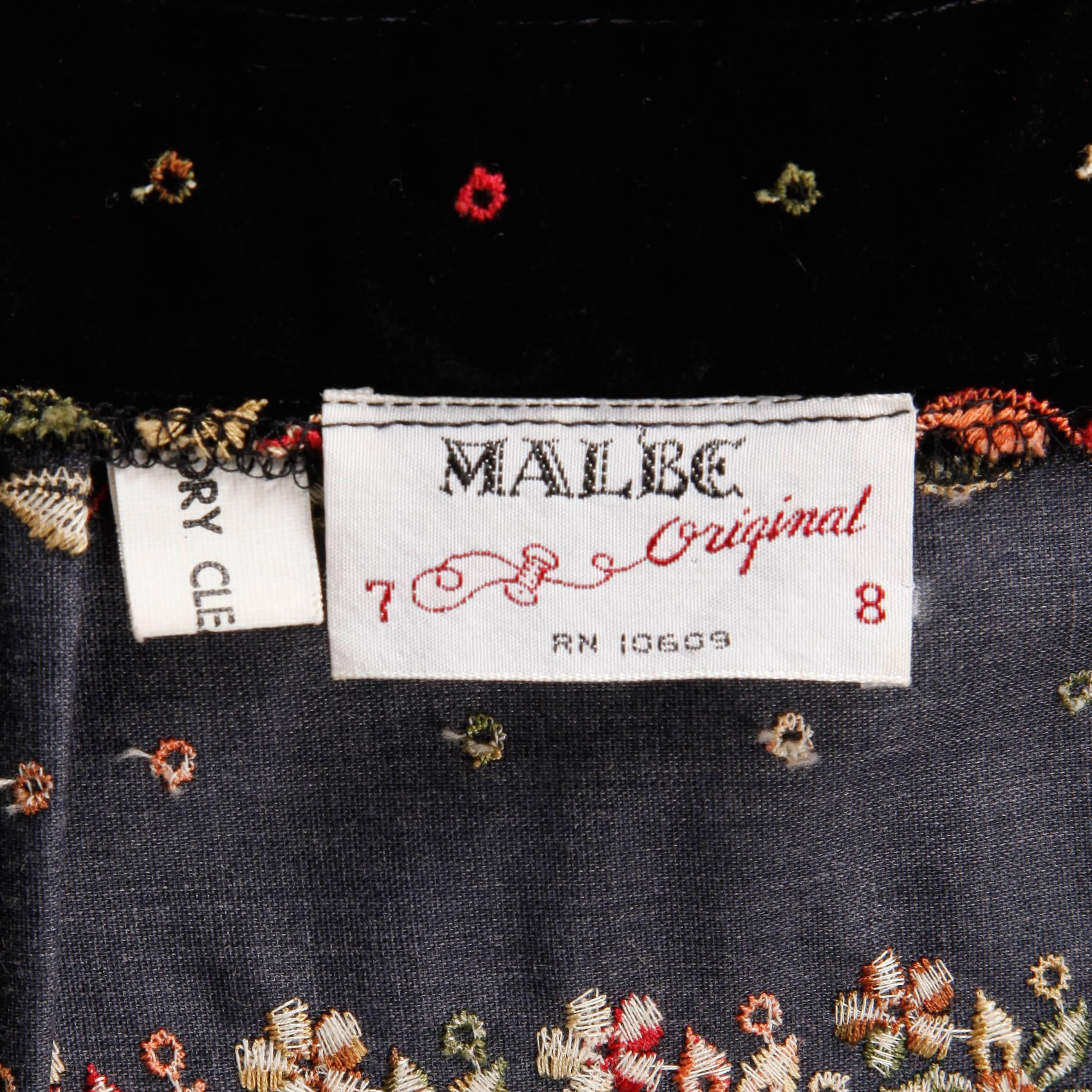 Women's 1970s Malbe Vintage Black Velvet Long Maxi Skirt with Floral Embroidery + Belt