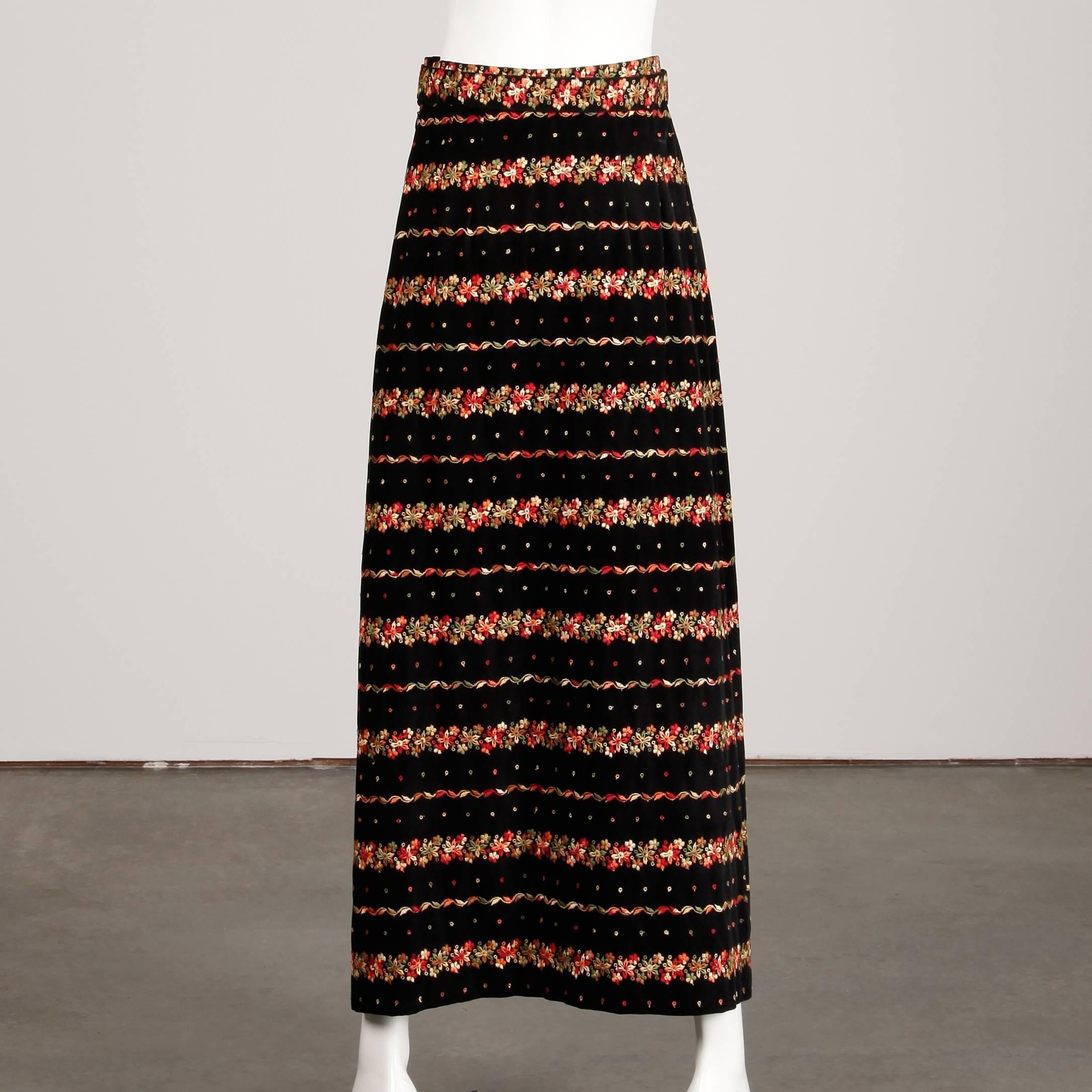 1970s Malbe Vintage Black Velvet Long Maxi Skirt with Floral Embroidery + Belt 1