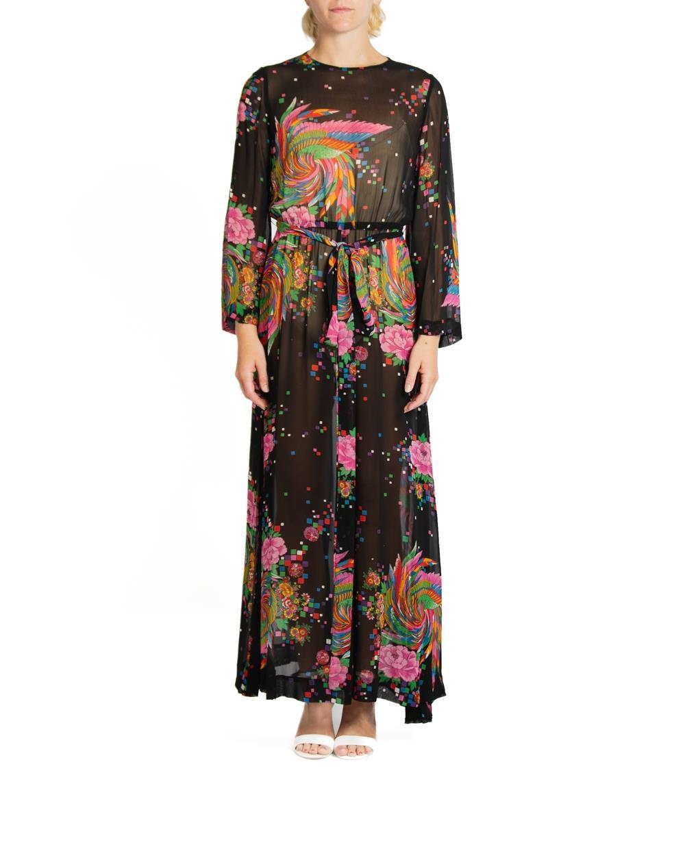 1970S Malcolm Starr Black & Floral Rayon Sheer Dress Made In Italy In Excellent Condition For Sale In New York, NY