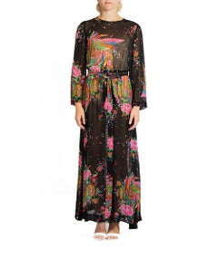 1970S Malcolm Starr Black & Floral Rayon Sheer Dress Made In Italy