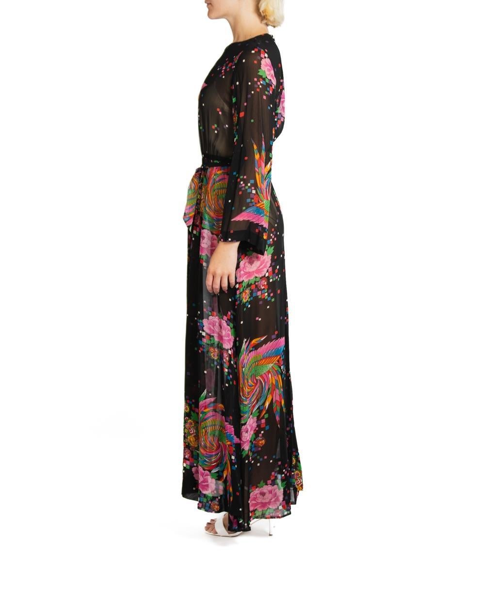 Women's 1970S Malcolm Starr Black & Floral Rayon Sheer Dress Made In Italy For Sale