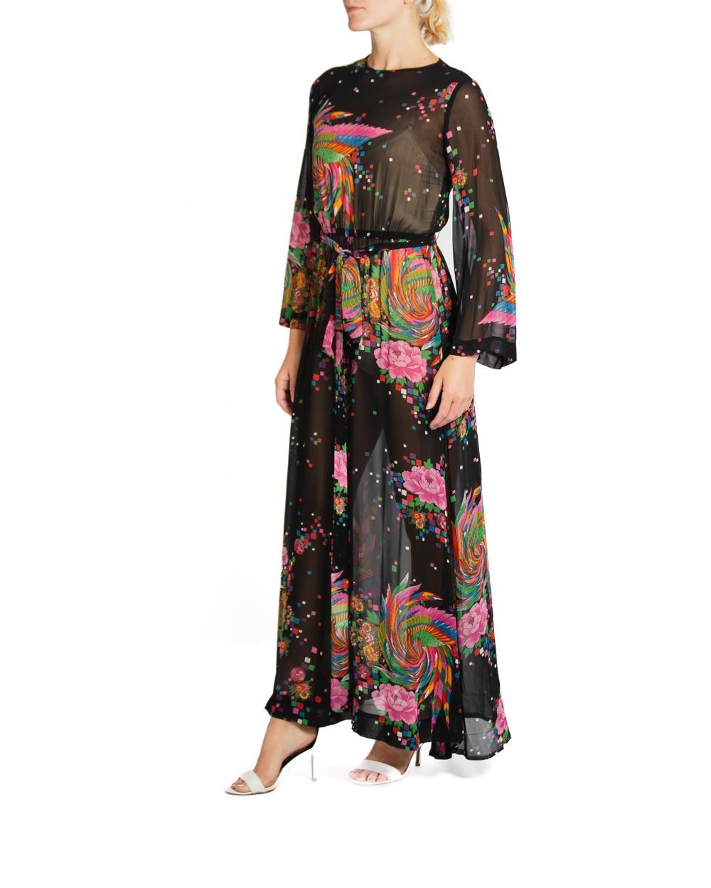 1970S Malcolm Starr Black & Floral Rayon Sheer Dress Made In Italy For Sale 2