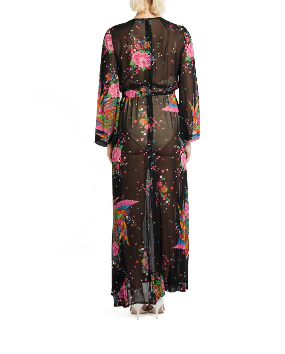1970S Malcolm Starr Black & Floral Rayon Sheer Dress Made In Italy For Sale 3