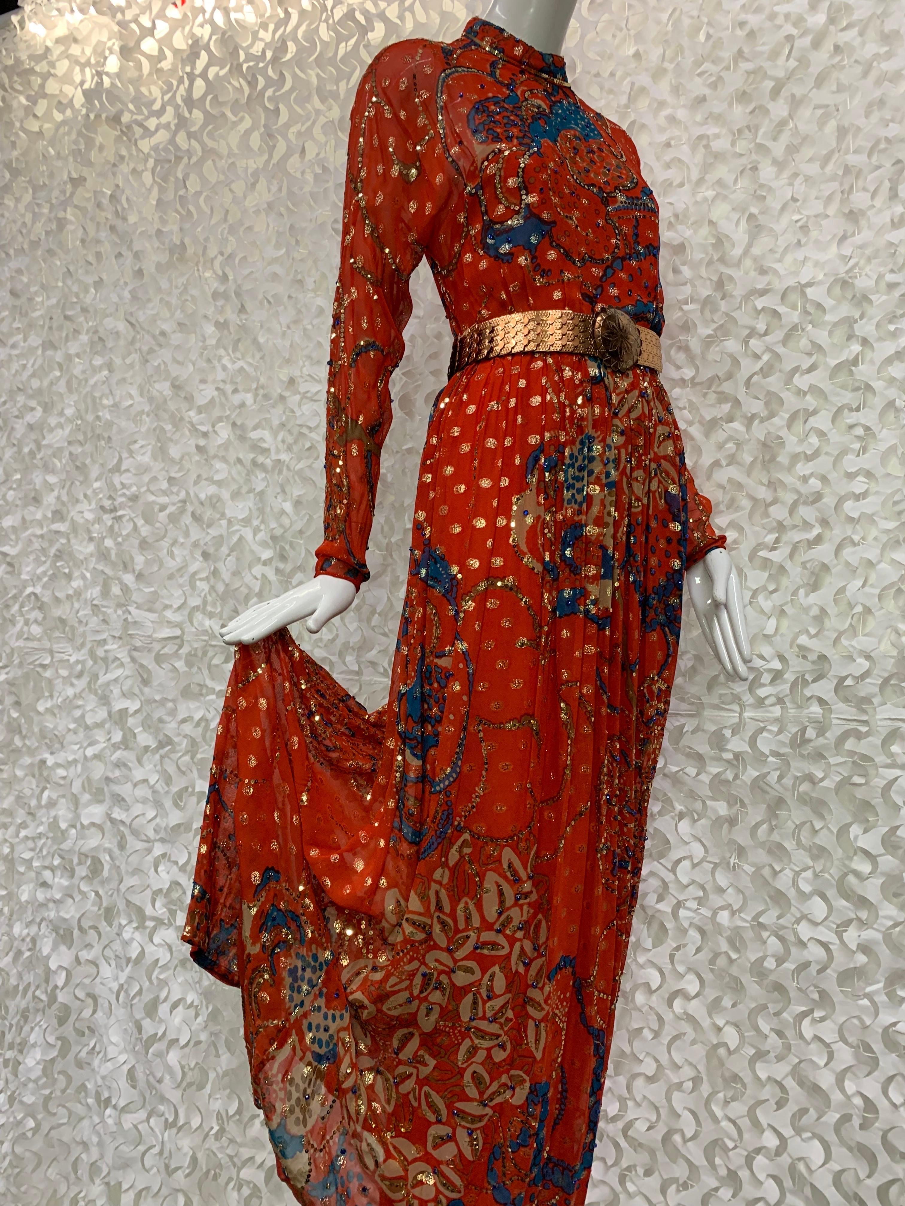 1970s Malcolm Starr Red Silk Chiffon Lame Maxi Dress w Asian-Inspired Floral 7