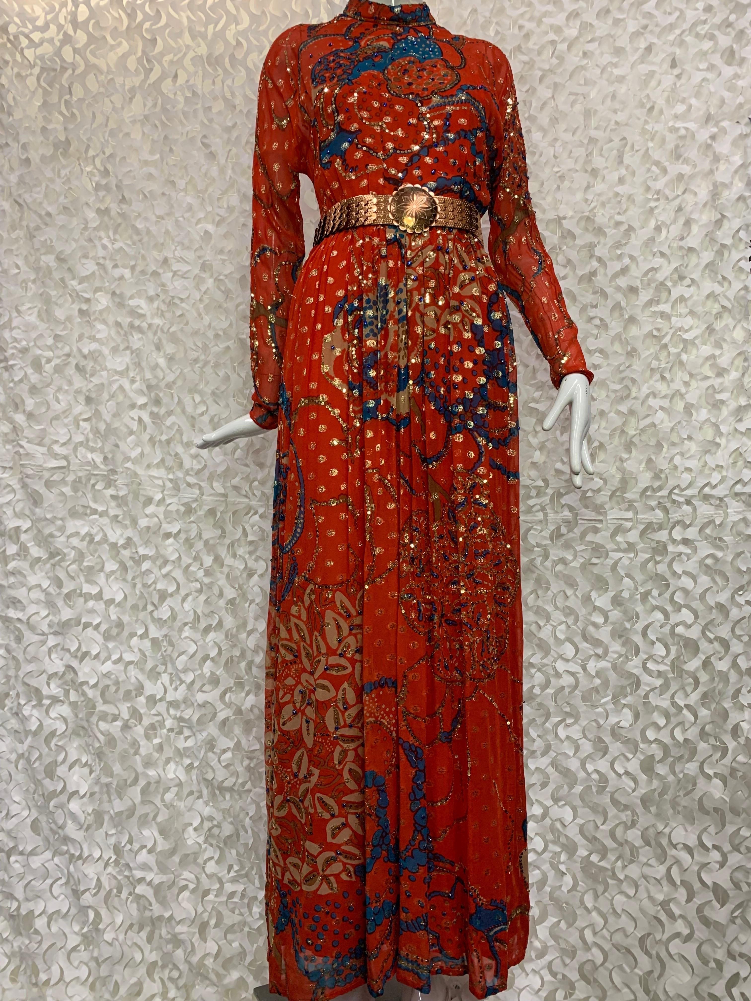 1970s Malcolm Starr Red Silk Chiffon Lame Maxi Dress w Asian-Inspired Floral 15