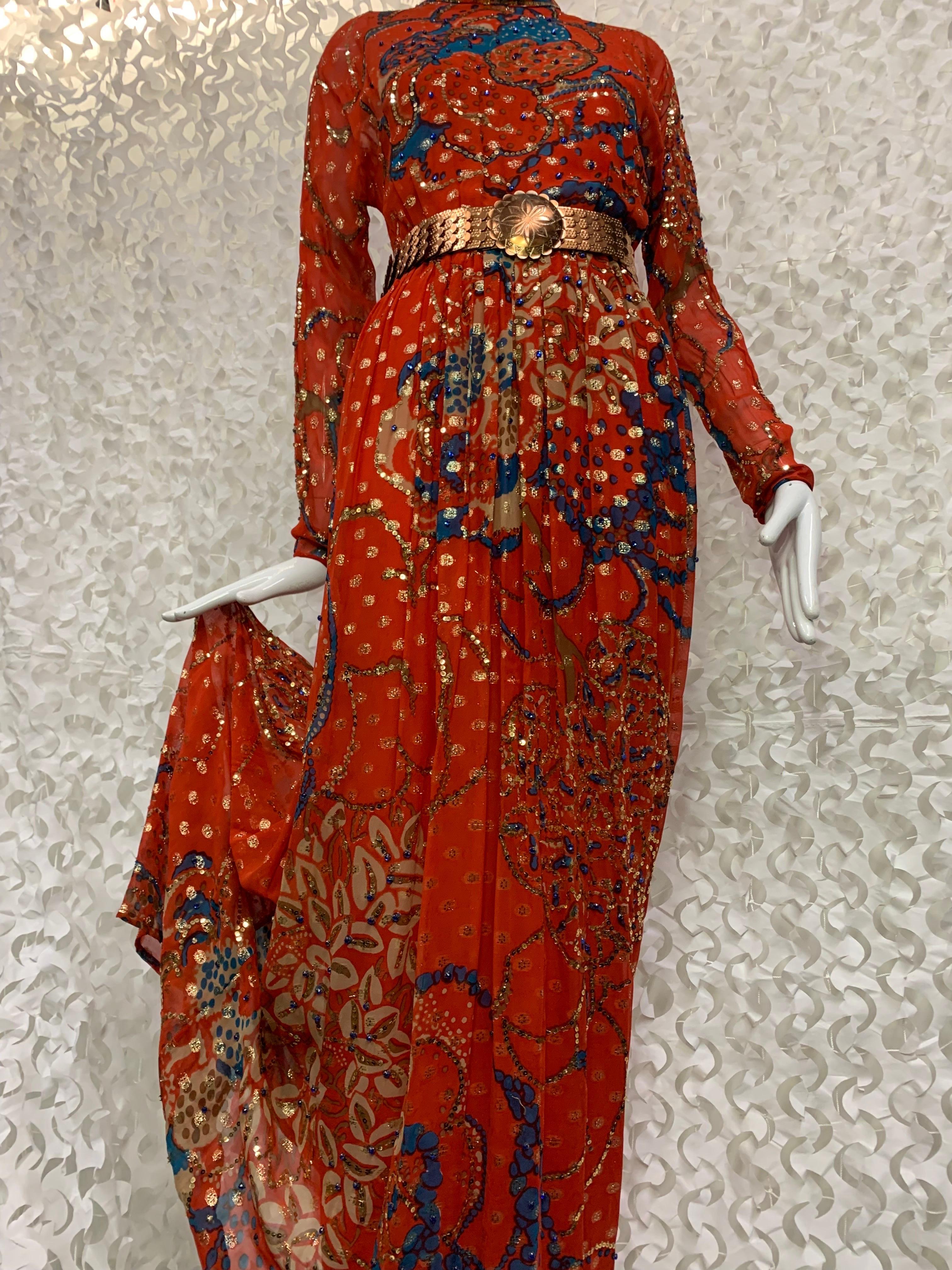1970s Malcolm Starr Red Silk Chiffon Lame Maxi Dress w Asian-Inspired Floral  In Excellent Condition In Gresham, OR