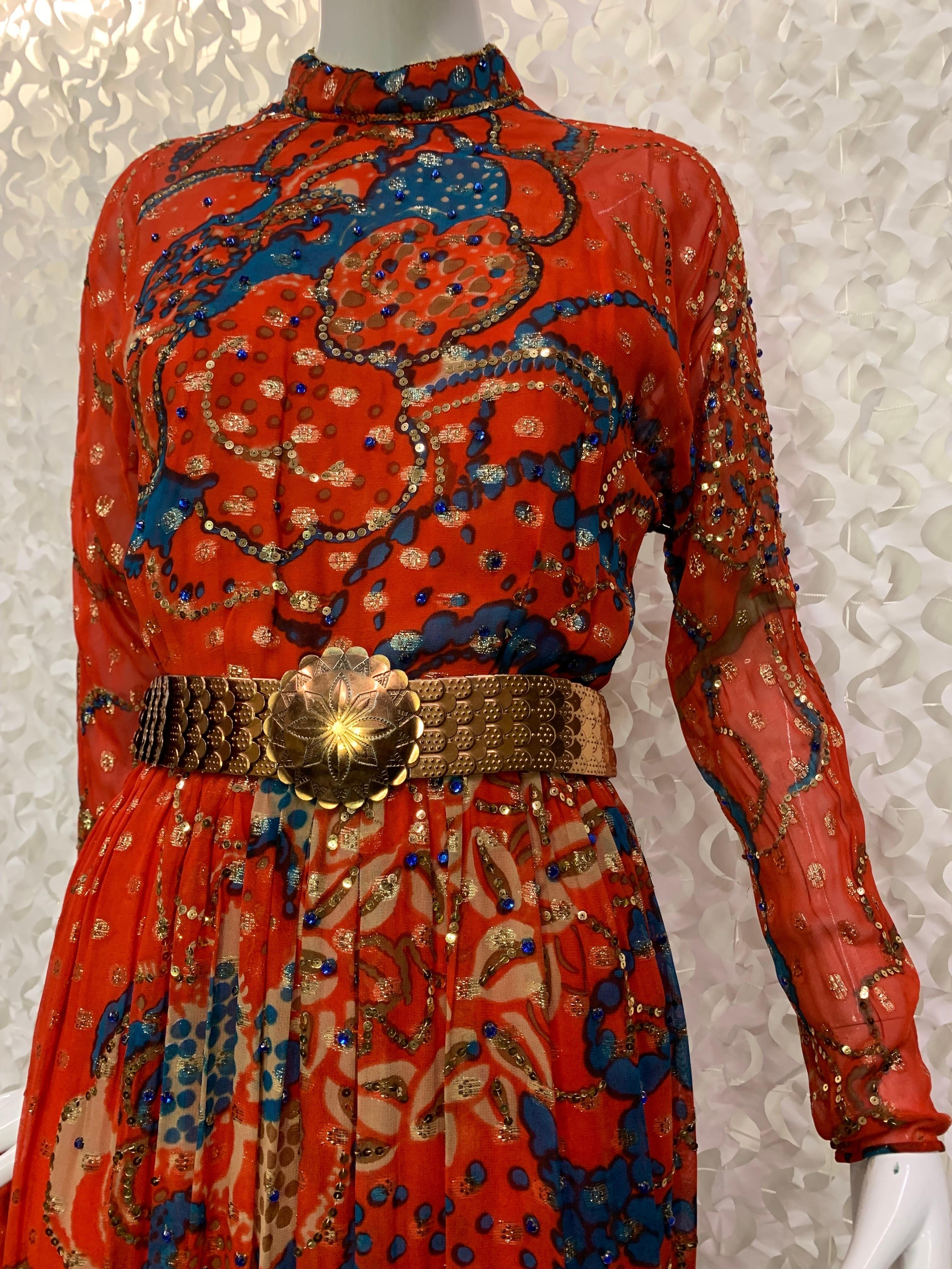 Women's 1970s Malcolm Starr Red Silk Chiffon Lame Maxi Dress w Asian-Inspired Floral