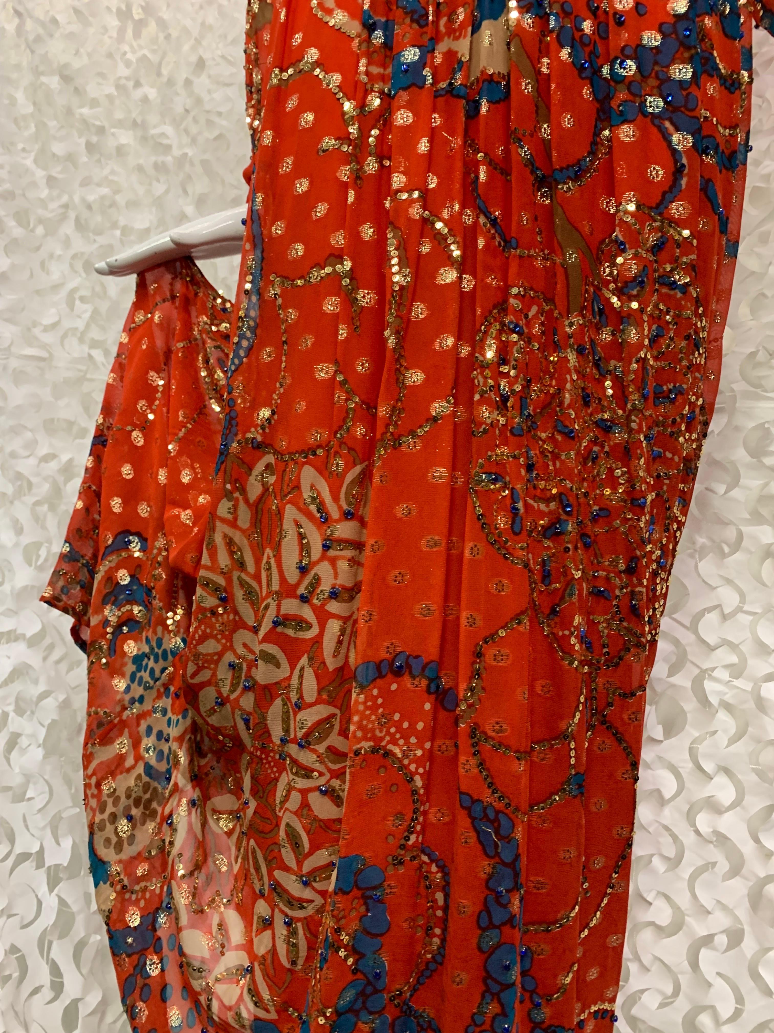1970s Malcolm Starr Red Silk Chiffon Lame Maxi Dress w Asian-Inspired Floral 2