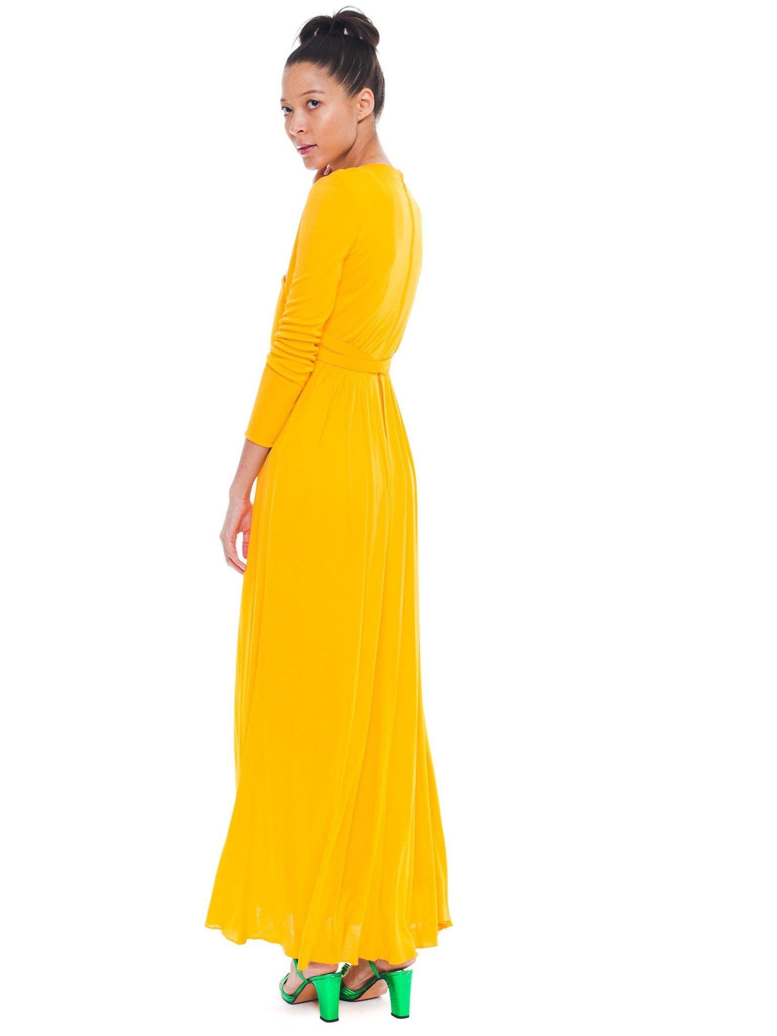 1970S Malcolm Starr Yellow Orange Rayon Jersey Long Sleeve Empire Waist Gown With Bow Belt