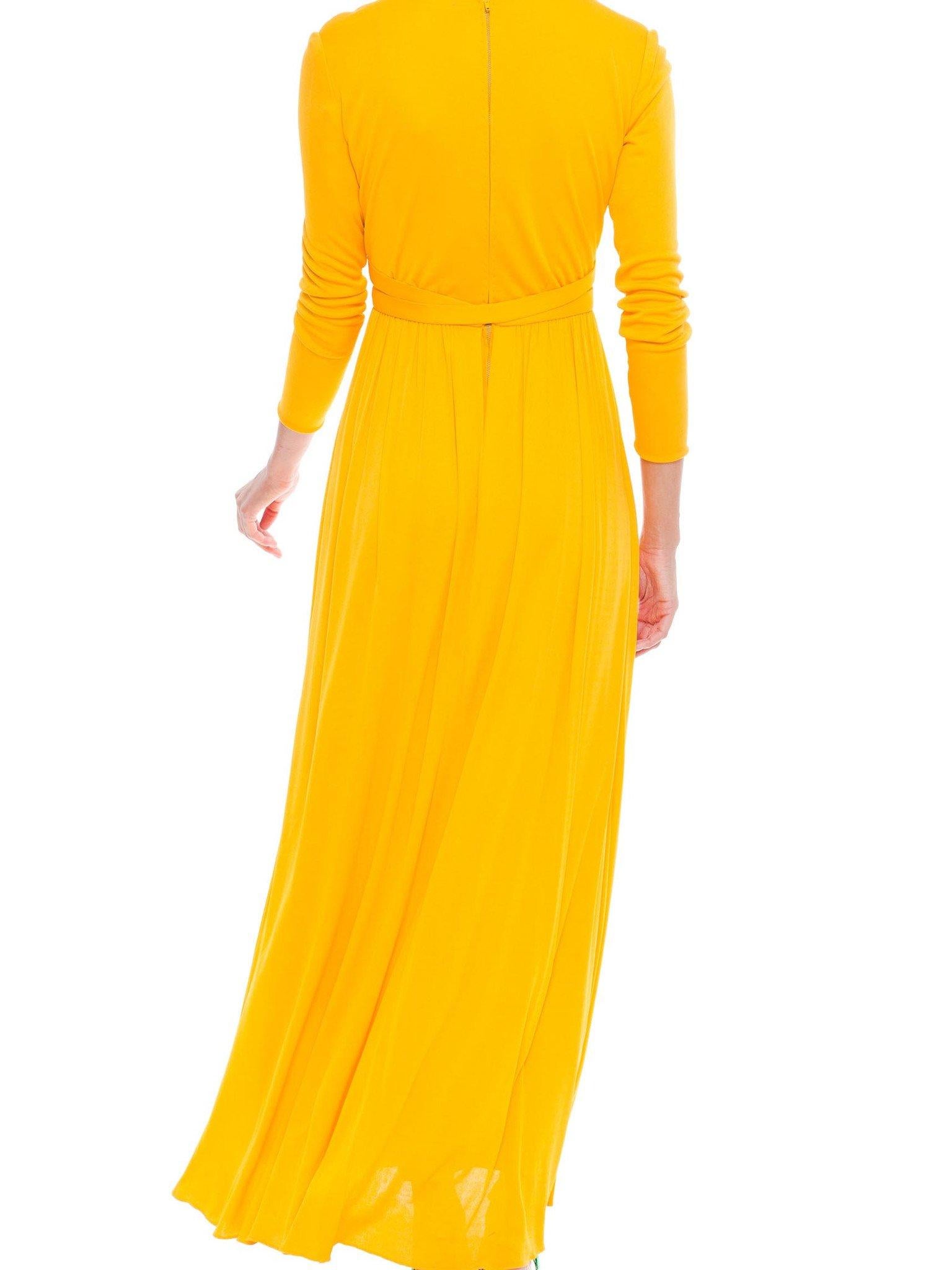 1970S Malcolm Starr Yellow Orange Rayon Jersey Long Sleeve Empire Waist Gown Wi In Excellent Condition In New York, NY