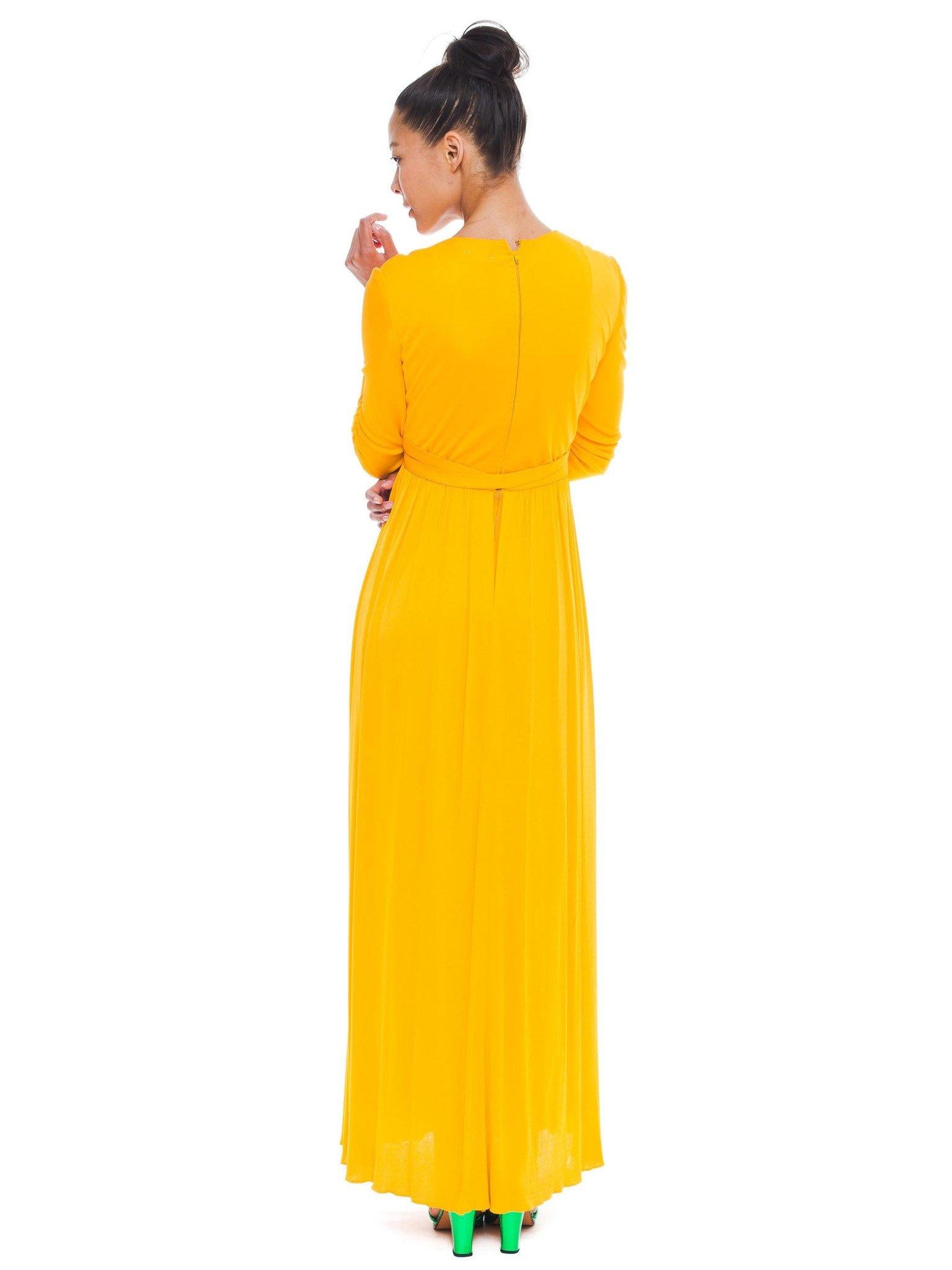 Women's 1970S Malcolm Starr Yellow Orange Rayon Jersey Long Sleeve Empire Waist Gown Wi