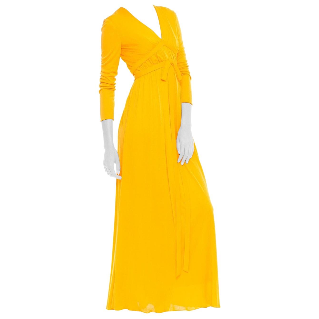 1970S Malcolm Starr Yellow Orange Rayon Jersey Long Sleeve Empire Waist Gown Wi