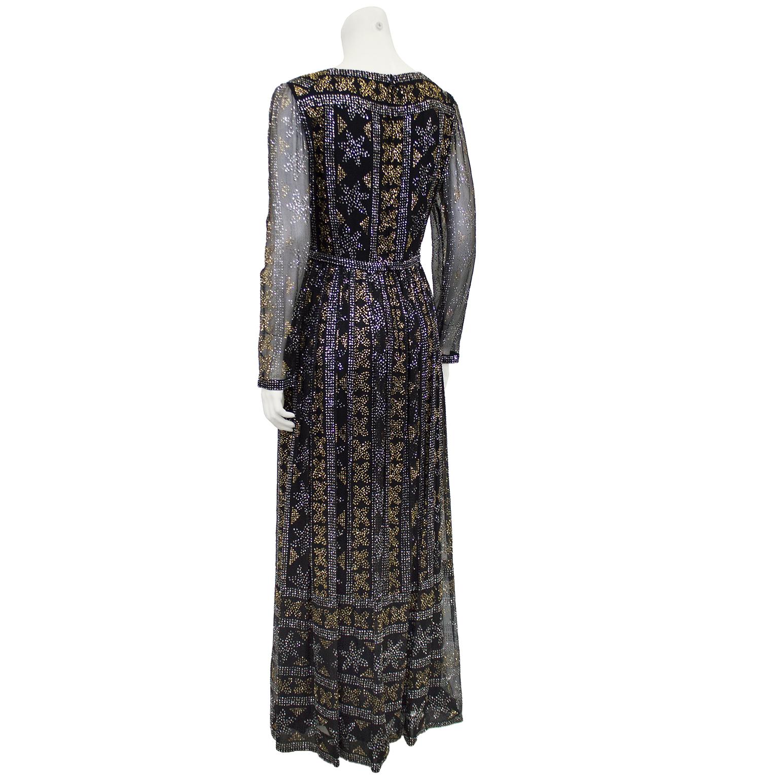 Black 1970's Malcom Starr Chiffon Gown with Silver and Gold Sparkles