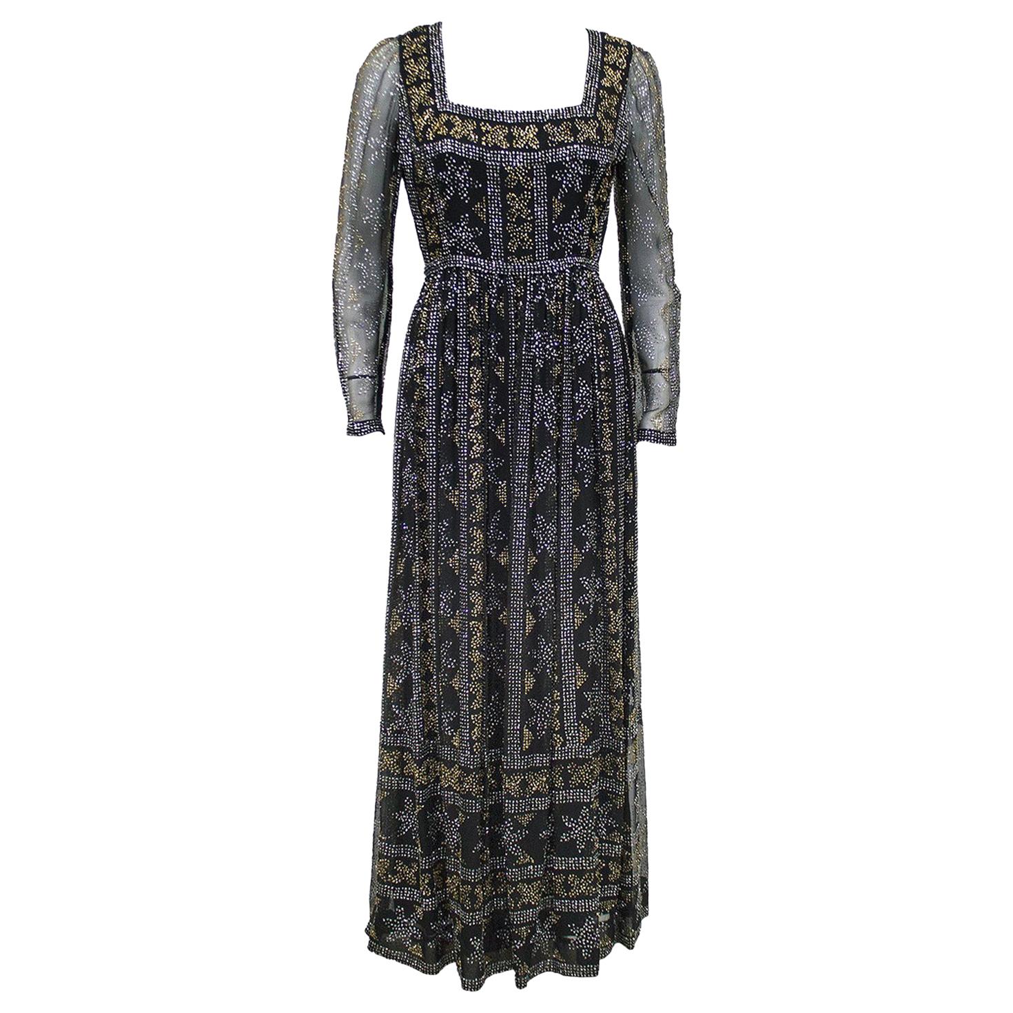 Vestido de gasa Malcom Starr de los años 70 con destellos plateados y dorados en venta