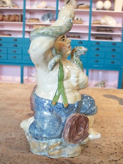 1970s Man with Serpent Spanish "Botijo" Hand Painted Earthenware Water Jug