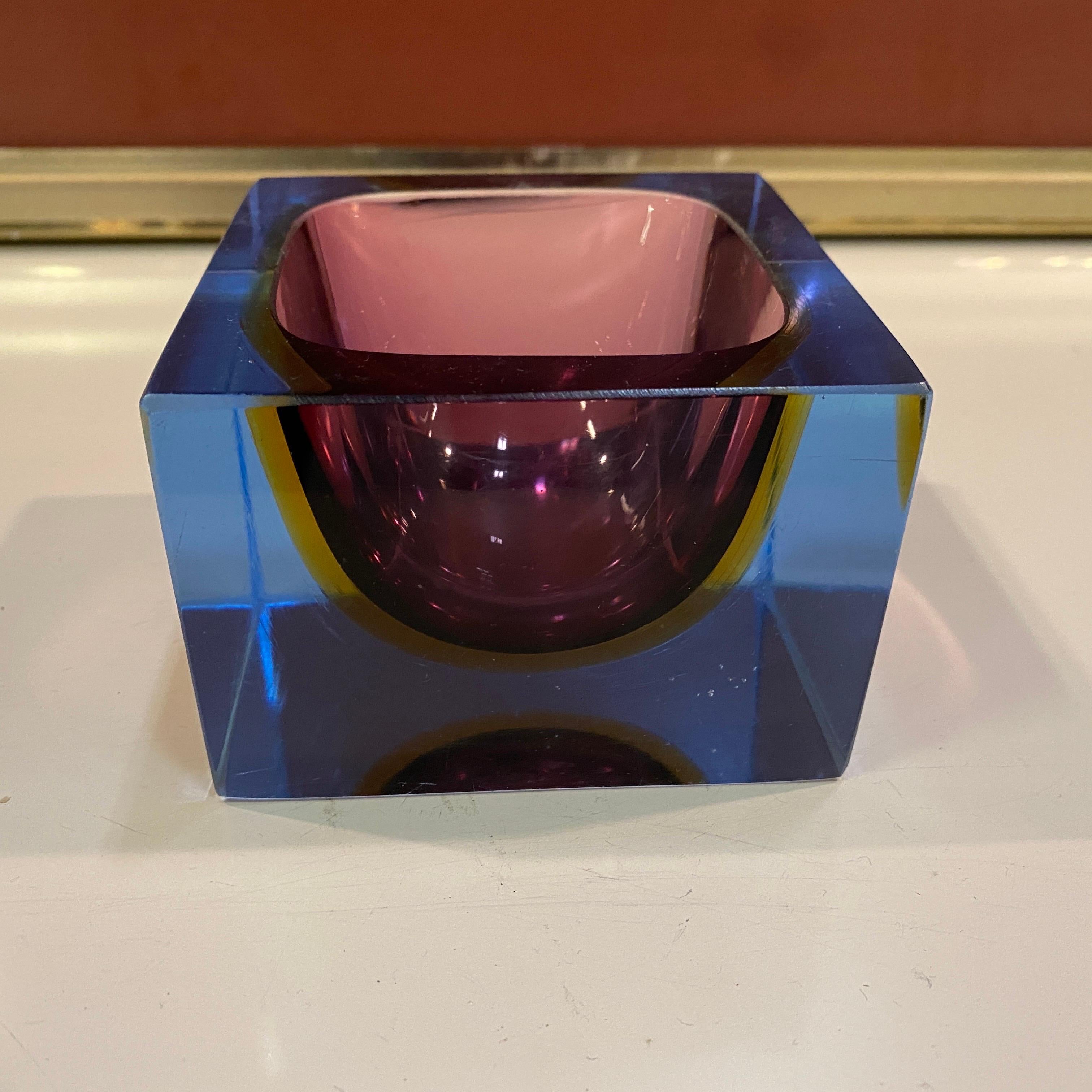 Italian 1970s Mandruzzato Modernist Pink and Purple Sommerso Murano Glass Cubic Ashtray