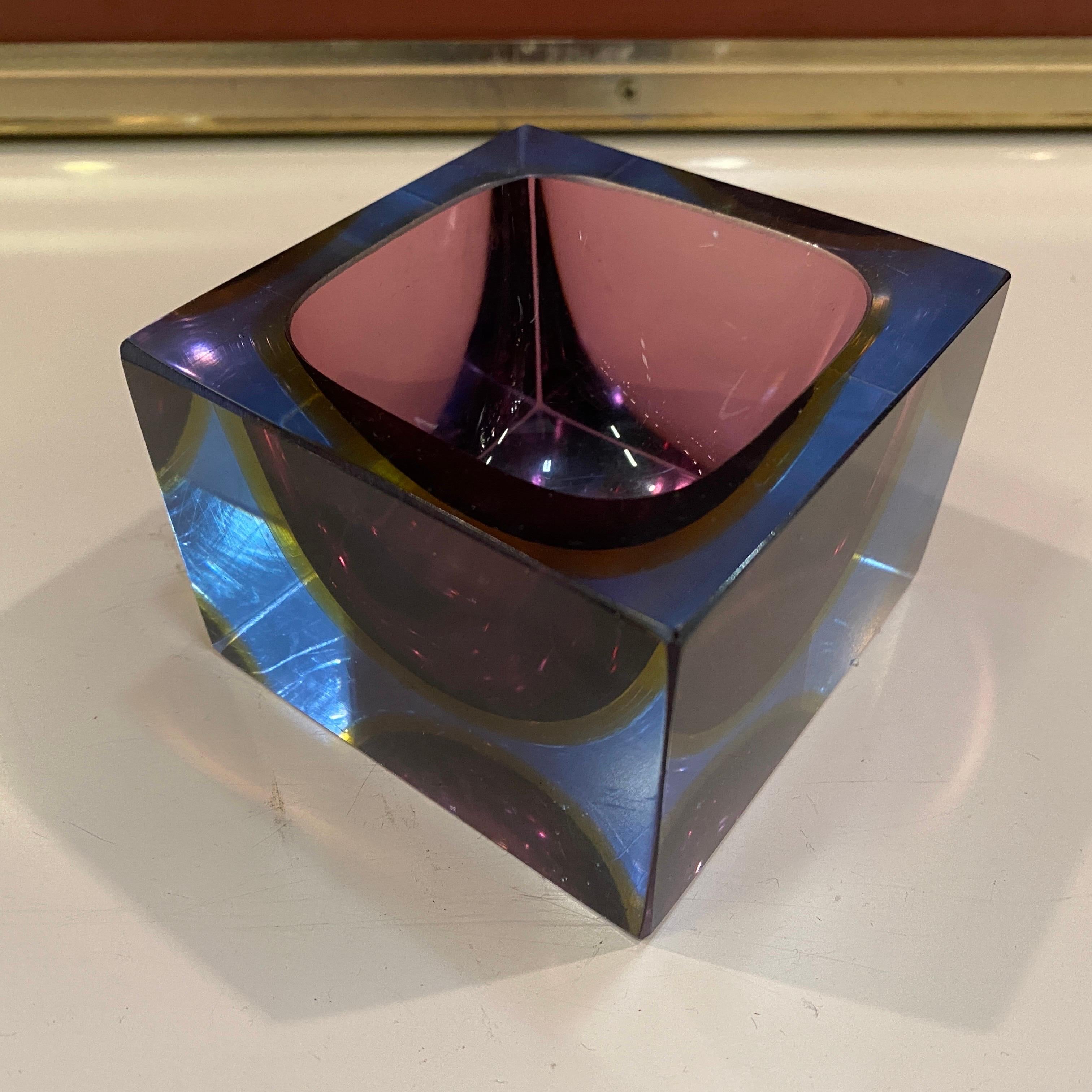 Hand-Crafted 1970s Mandruzzato Modernist Pink and Purple Sommerso Murano Glass Cubic Ashtray