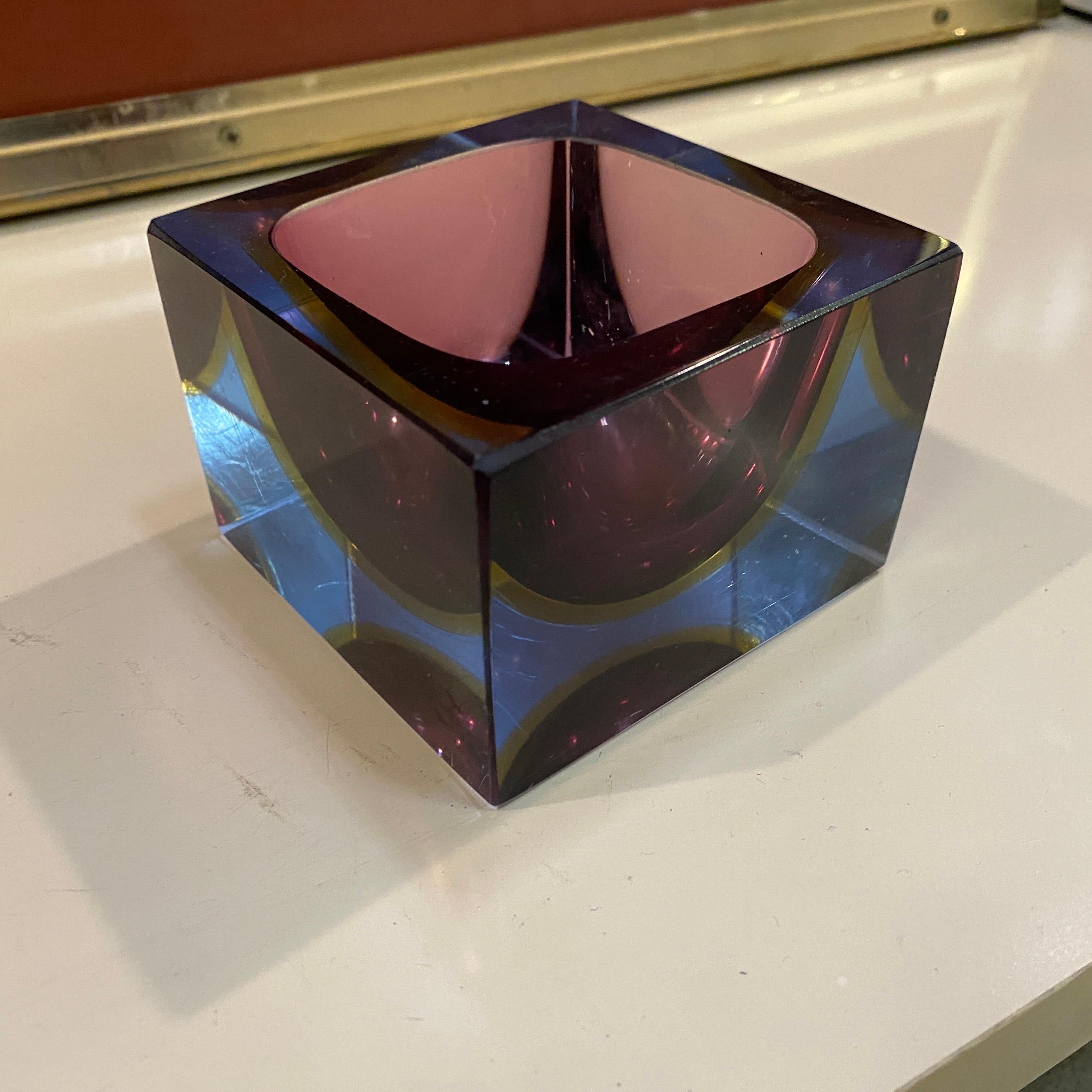 20th Century 1970s Mandruzzato Modernist Pink and Purple Sommerso Murano Glass Cubic Ashtray