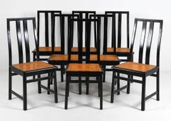 1970s Manner of Motina Black Lacquered Beech & Cane Dining Chairs, Set of Eight