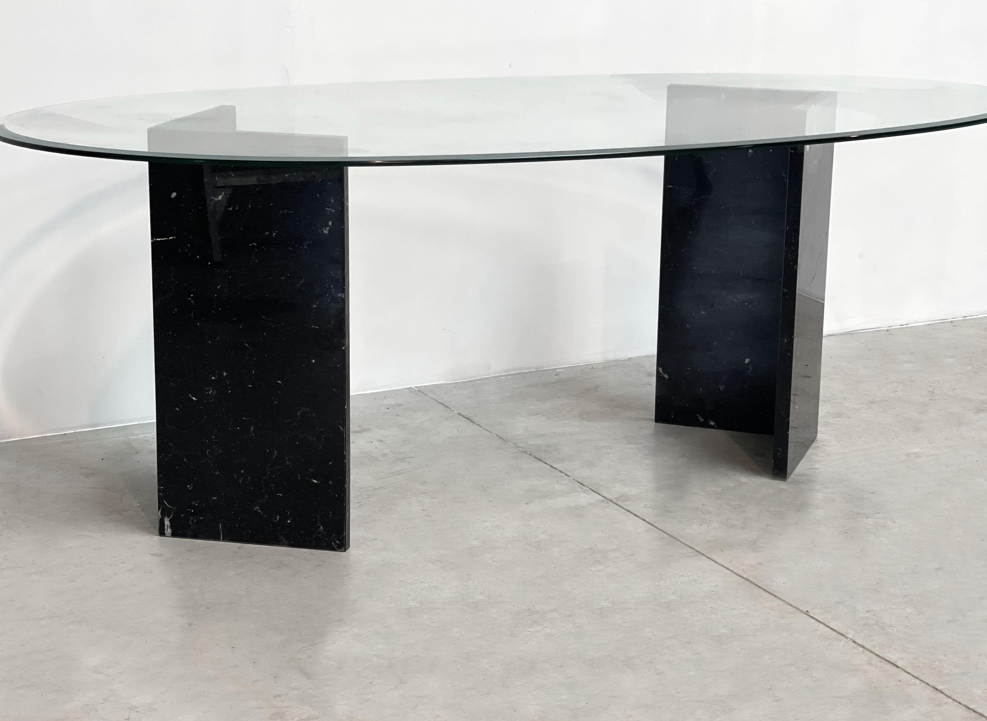 Belgian Black Marble 1970's Marble and Glass Dining Table For Sale
