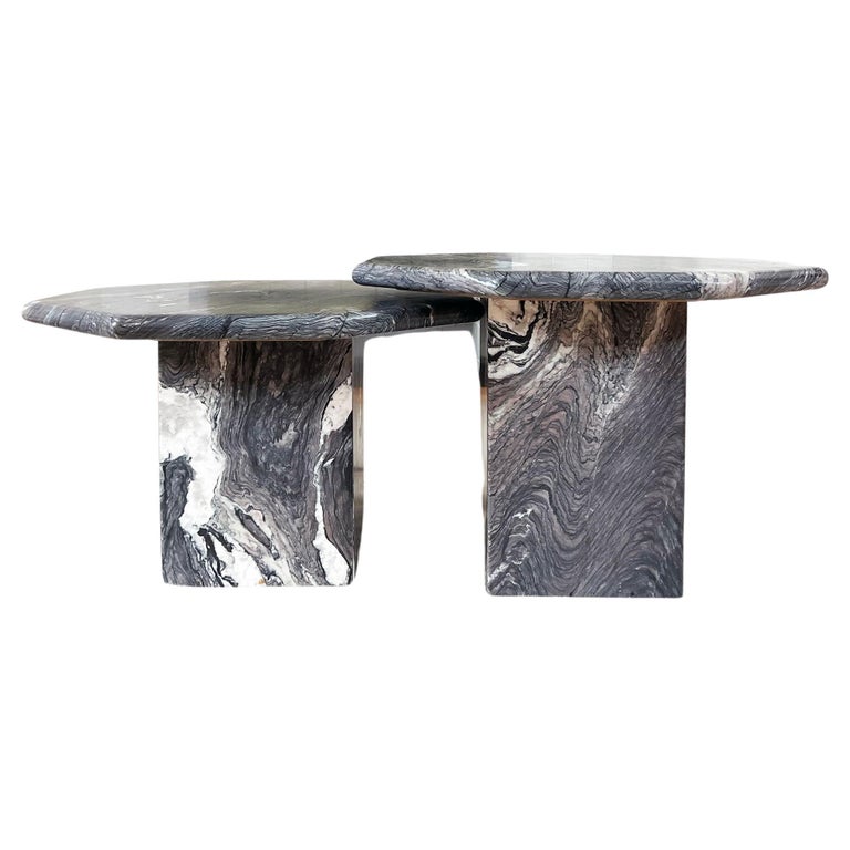 Pair of Marble Nesting Tables with Octagonal Plinth Bases, 1970s, offered by Catch My Drift Basel