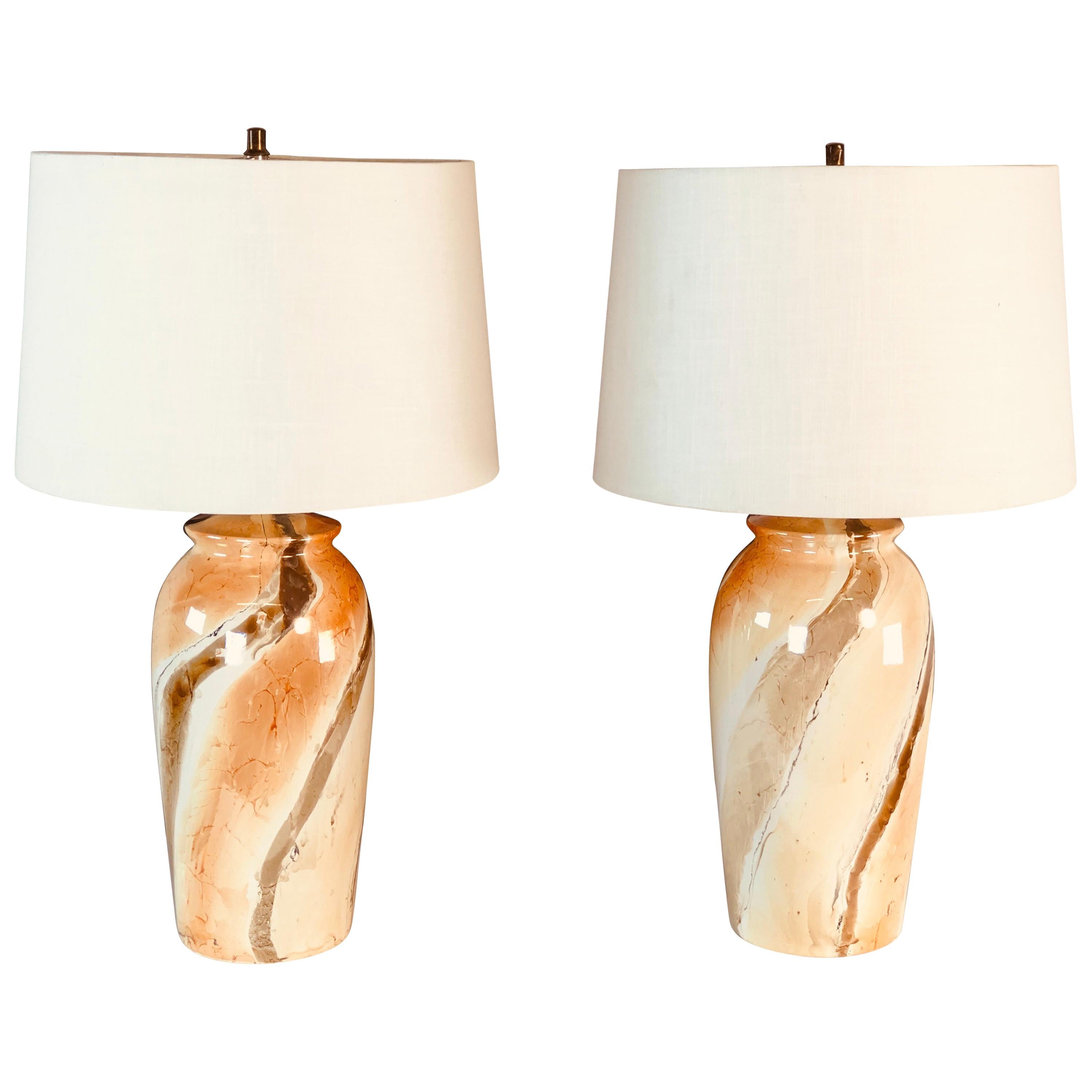 1970s Marble Style Ceramic Table Lamps, Pair For Sale