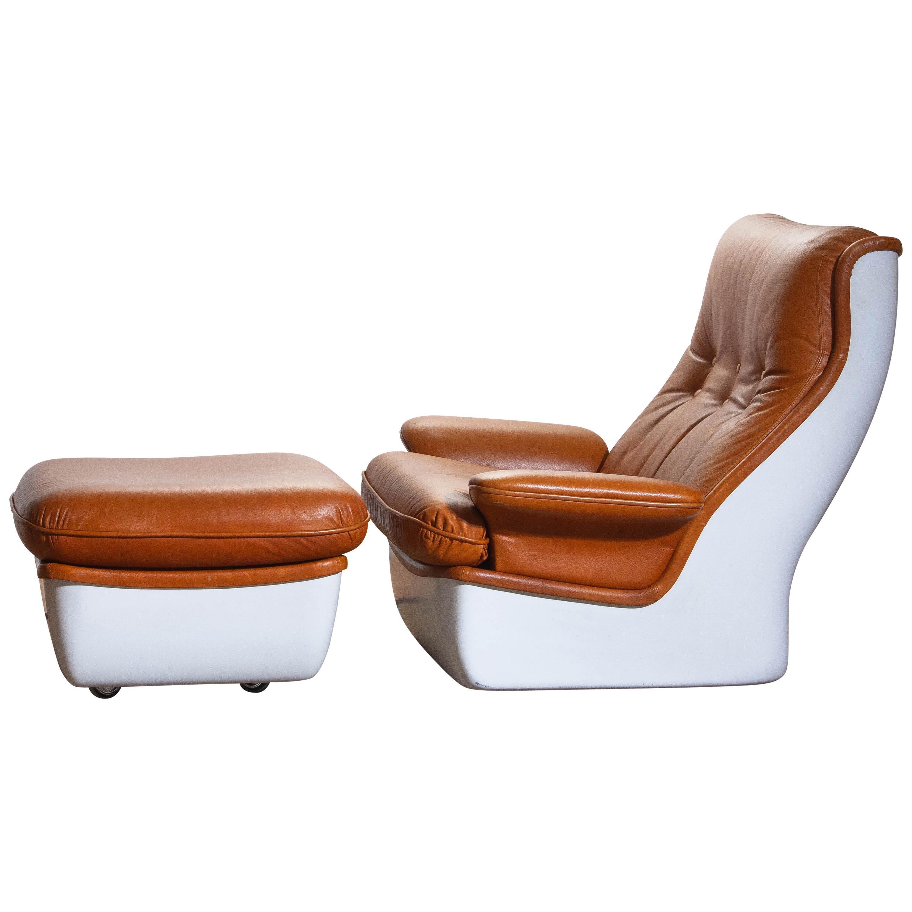 1970s, Marc Held Airborne Lounge / Easy Chair and Ottoman in Cognac Leather