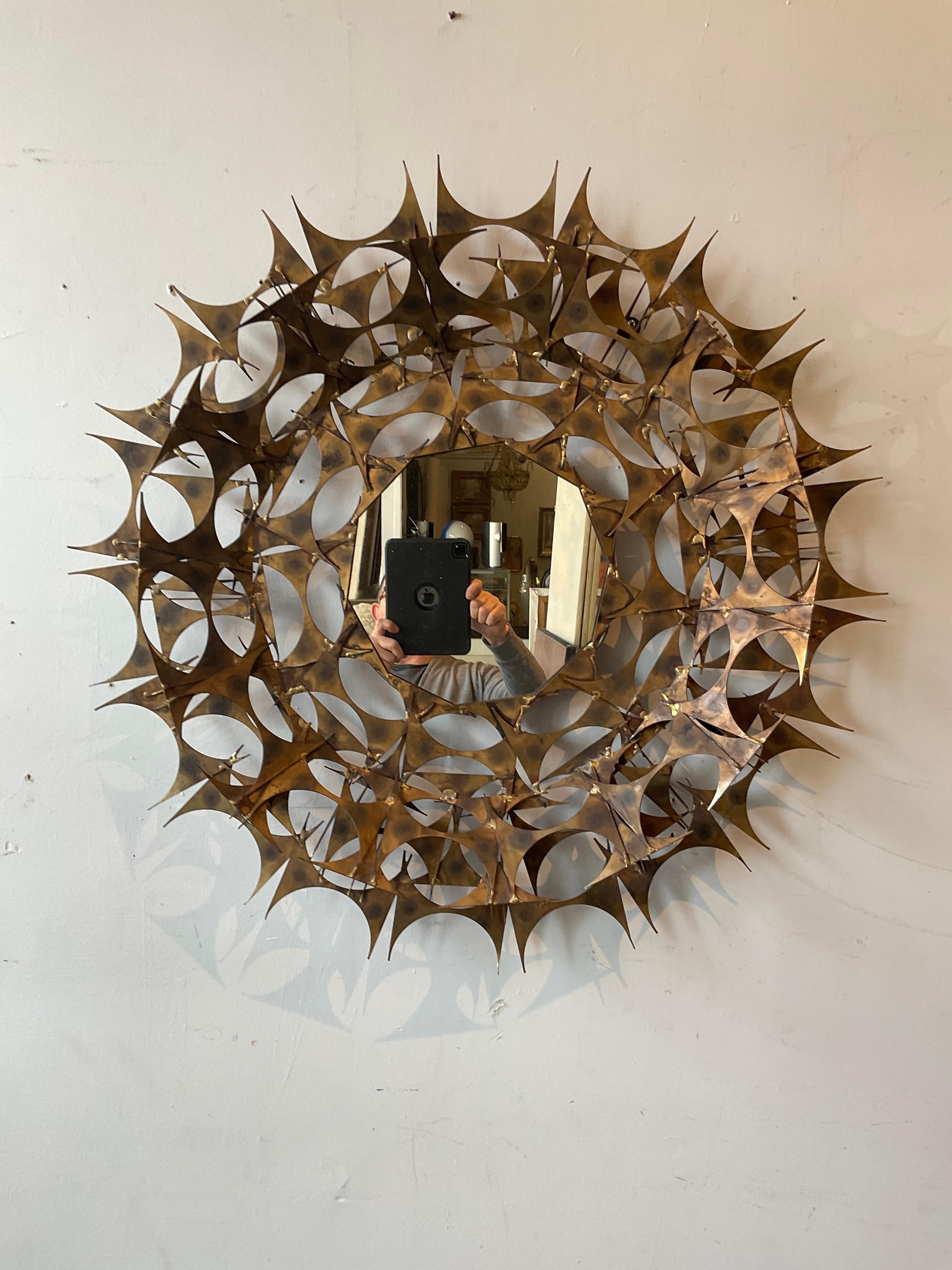 1970s Marc Weinstein Brutalist Sunburst Metal Mirror In Good Condition For Sale In Tarrytown, NY